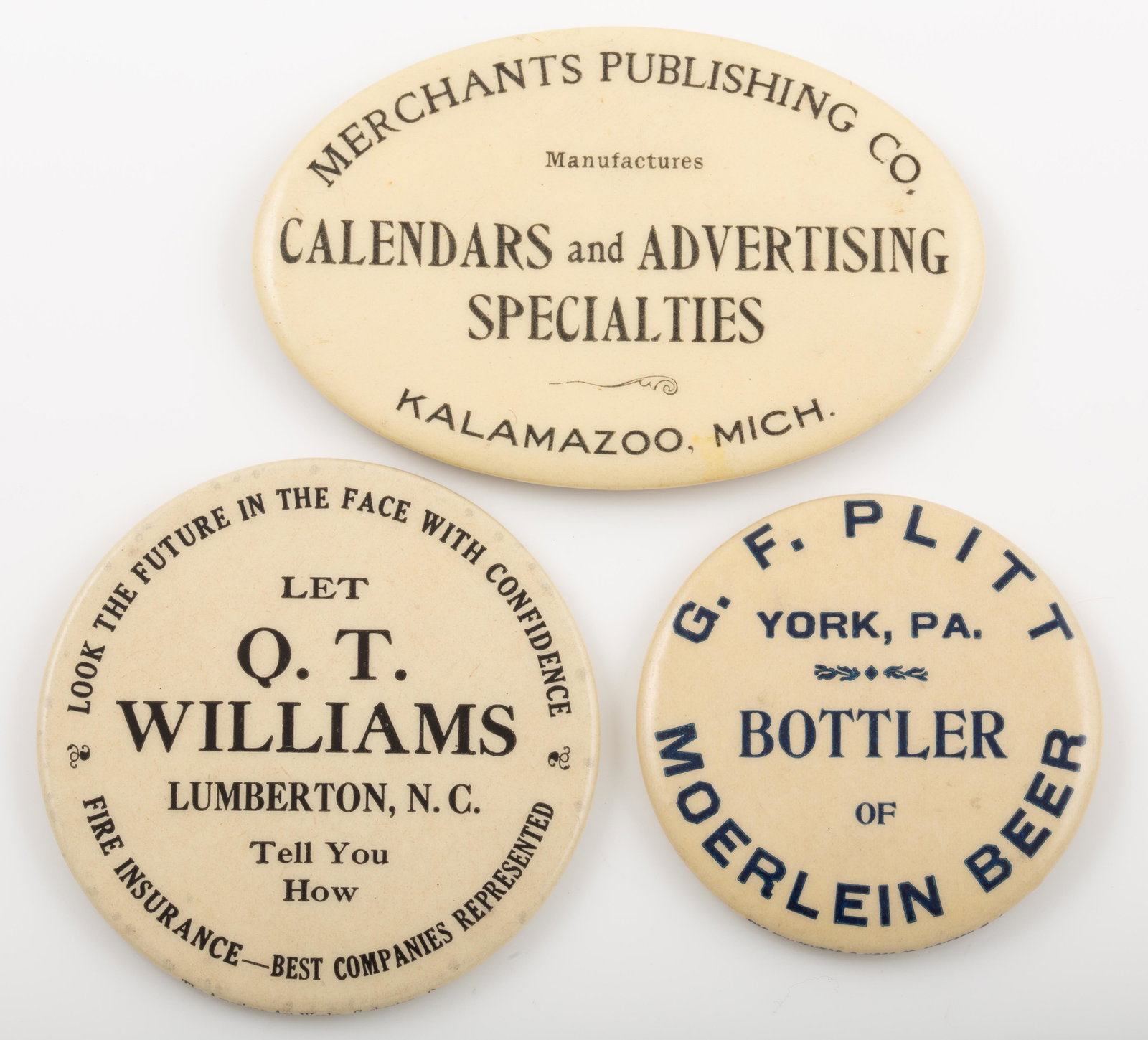 BEER, INSURANCE, PUBLISHING POCKET MIRRORS (3): All printed images; (1) Merchants Publishing Co - Calendars & Advertising Specialties, Mich.; oval; mirror good; L-2 3/4"; (1) "G. F. Plitt Bottler of Moerlein Beer", York PA; round mirror minor speck