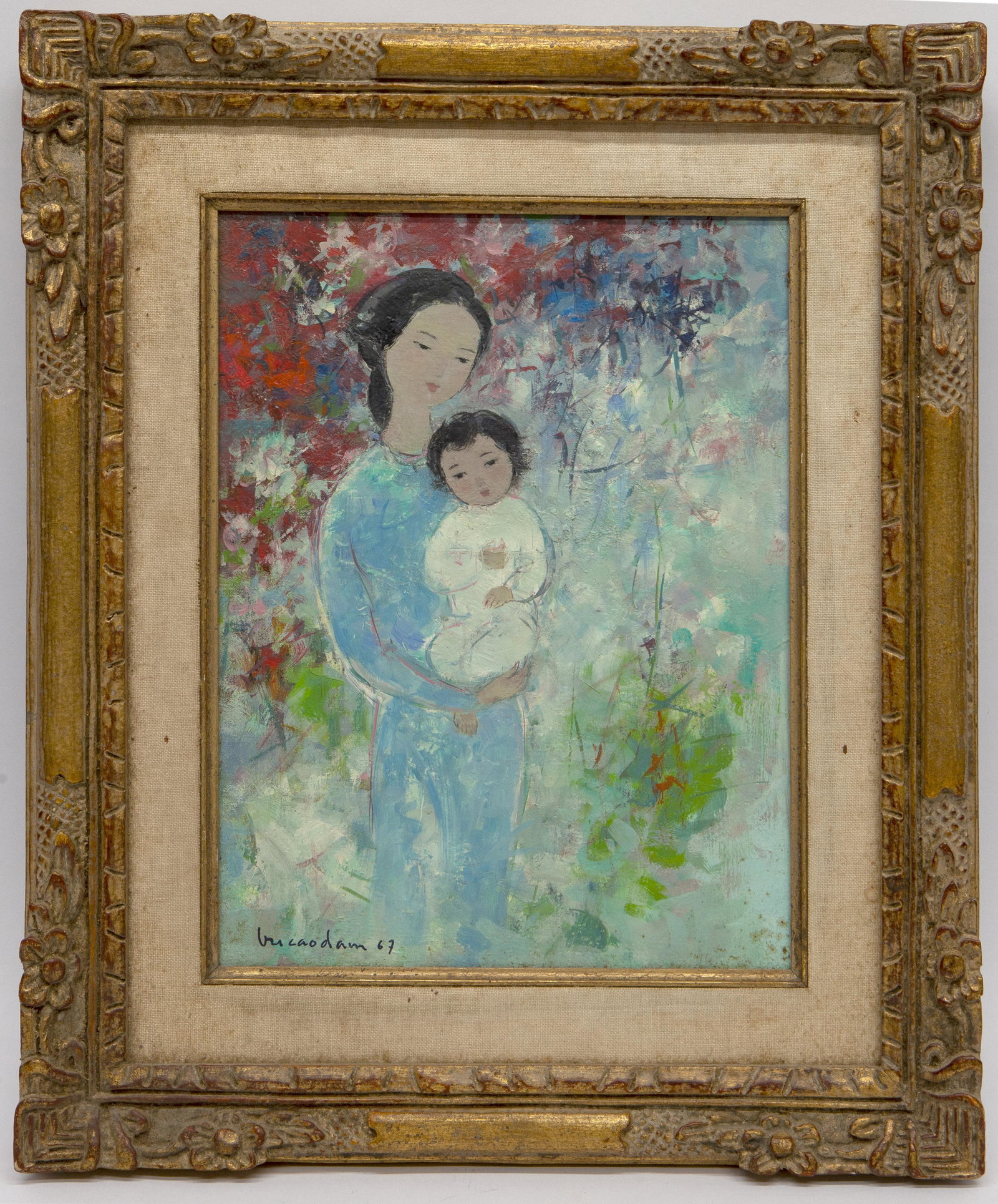 VU CAO DAM PAINTING: "Mere Et Enfant"; oil on canvas; signed lower left and dated 1967; also signed, dated and identified on reverse; framed image- 13 1/2" x 10 1/2"; VG-EX