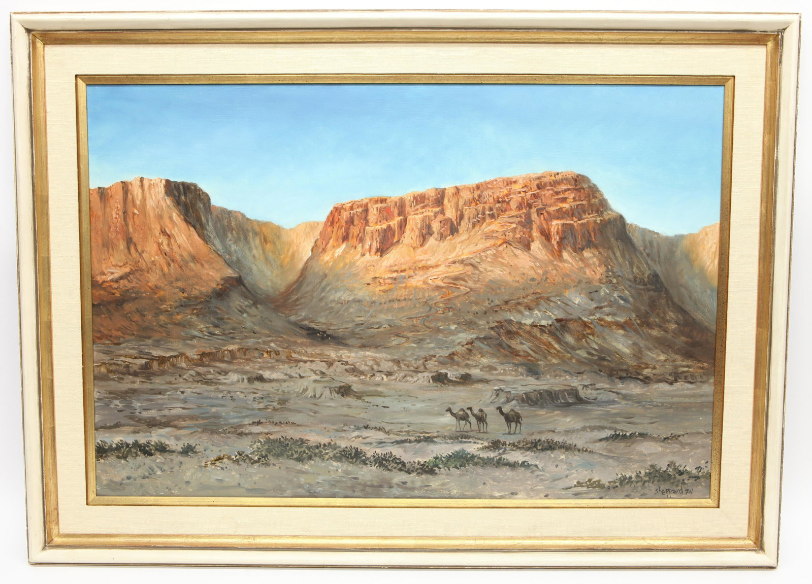 SHEPPARD EASTERN PAINTING: Oil on Masonite; camels with mountains in background; signed lower right; 1974; framed; image- 24" x 36"; EX