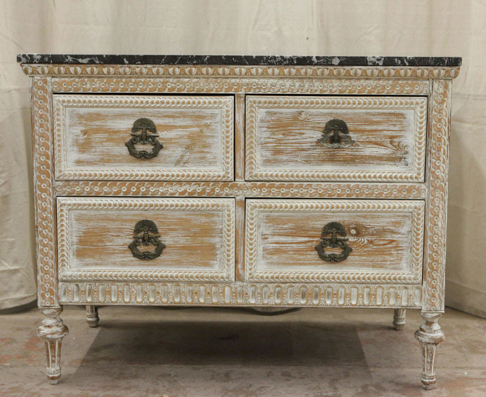 PROVINCIAL MARBLE TOP CHEST OF DRAWERS: Pine with antique white rubbed finish; grey and white marble top; four drawers; normal wear; H-40", L-32", G-VG