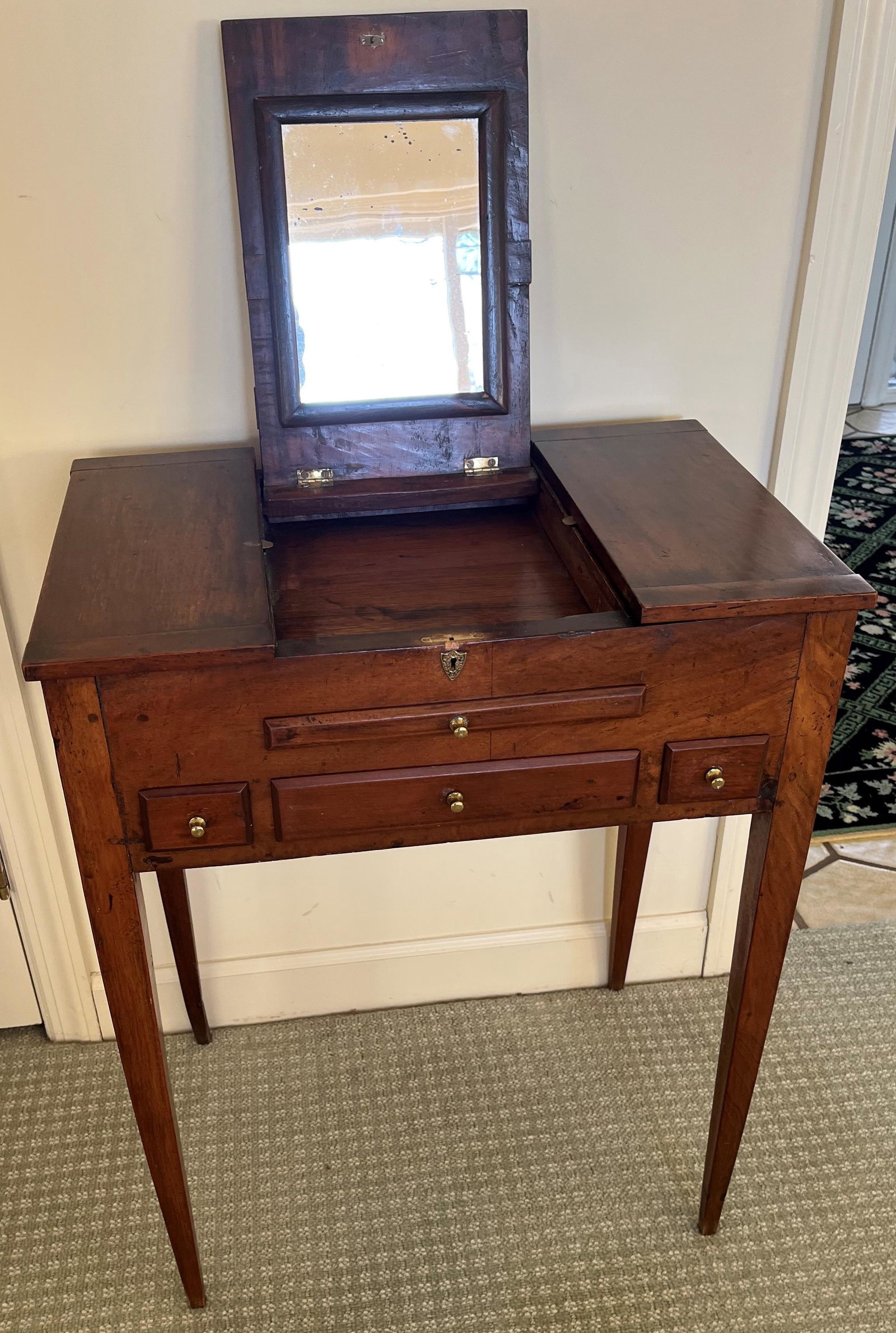 ANTIQUE DRESSING TABLE: Mahogany; lift mirror center between two compartments; slide shelf- two small & one long drawers, together w/ Chippendale style chair; wear; H-27 1/2", W-22"; G