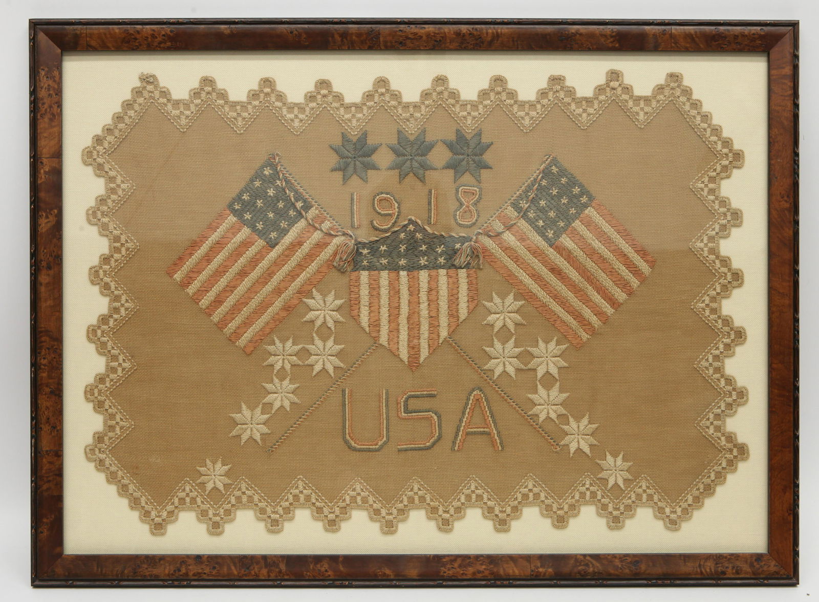 1918 NEEDLEWORK SAMPLER: Stitchwork & needlework flags, shield, stars; some fading; framed size- 22" x 30"; G-VG