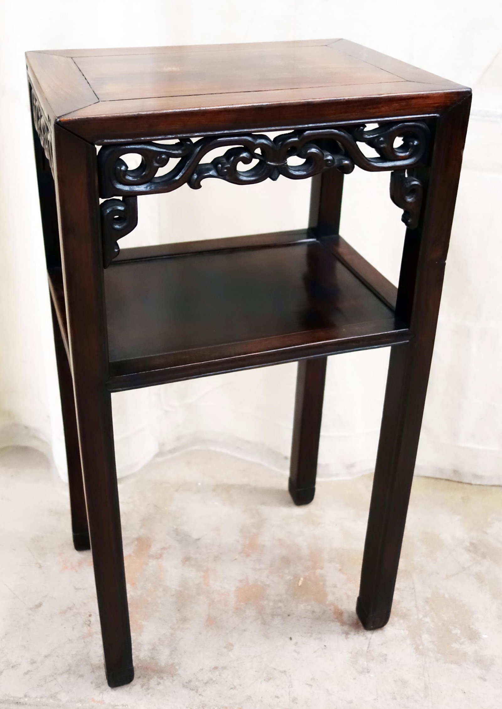ROSEWOOD (?) TABORET: Pierced corners; (1) shelf; normal wear; H-32", L-16", G-VG