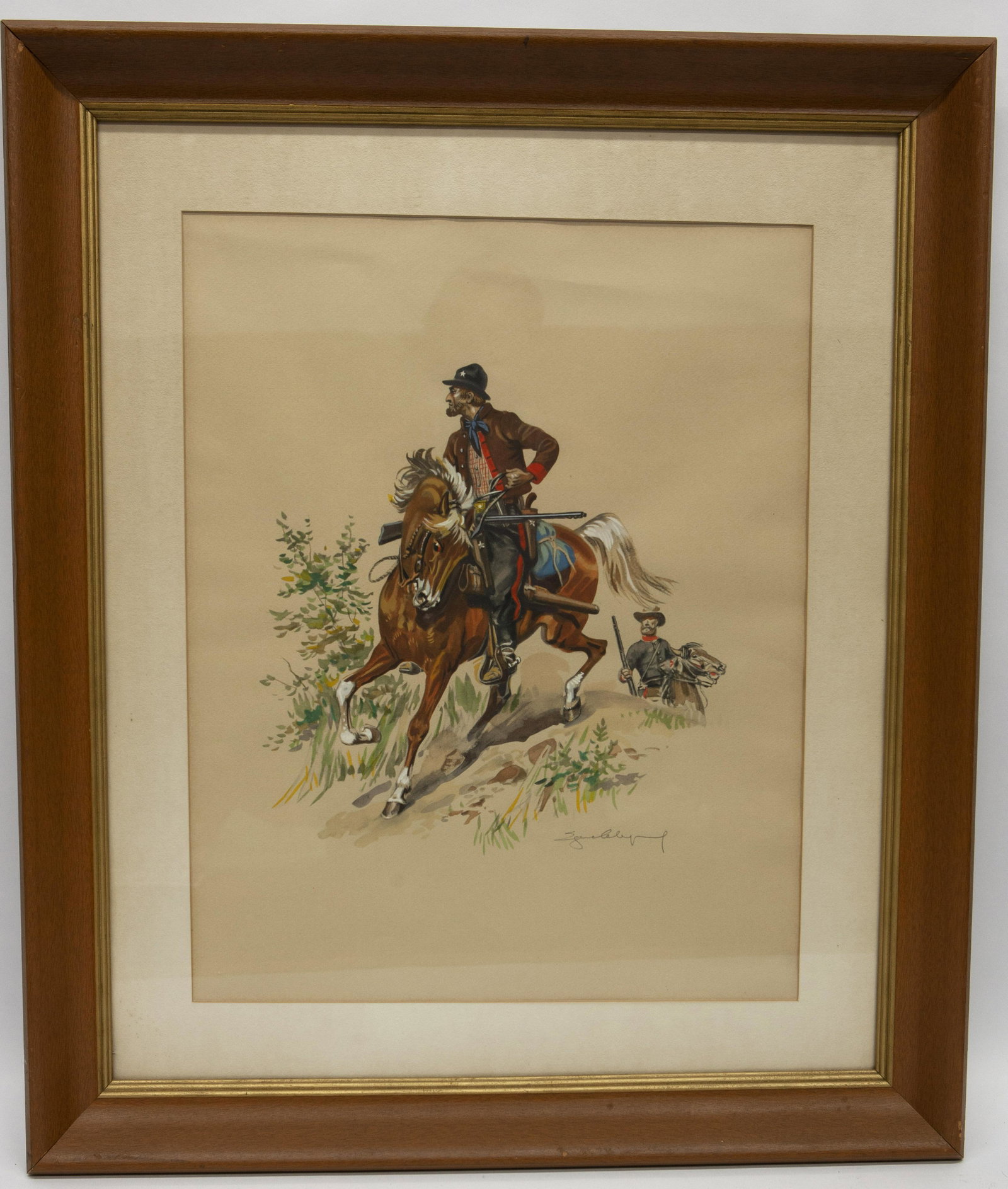 CIVIL WAR POCHOIR PRINTS (HAND COLORED) (2) PIECES: (1) Confederate Cavalry; Texas Scout; (1) Sixth Pennsylvania Cavalry Sergeant; 1862; signed illegibly on lower right; matted and framed; slight wrinkle; image- 20" x 15"; G-VG