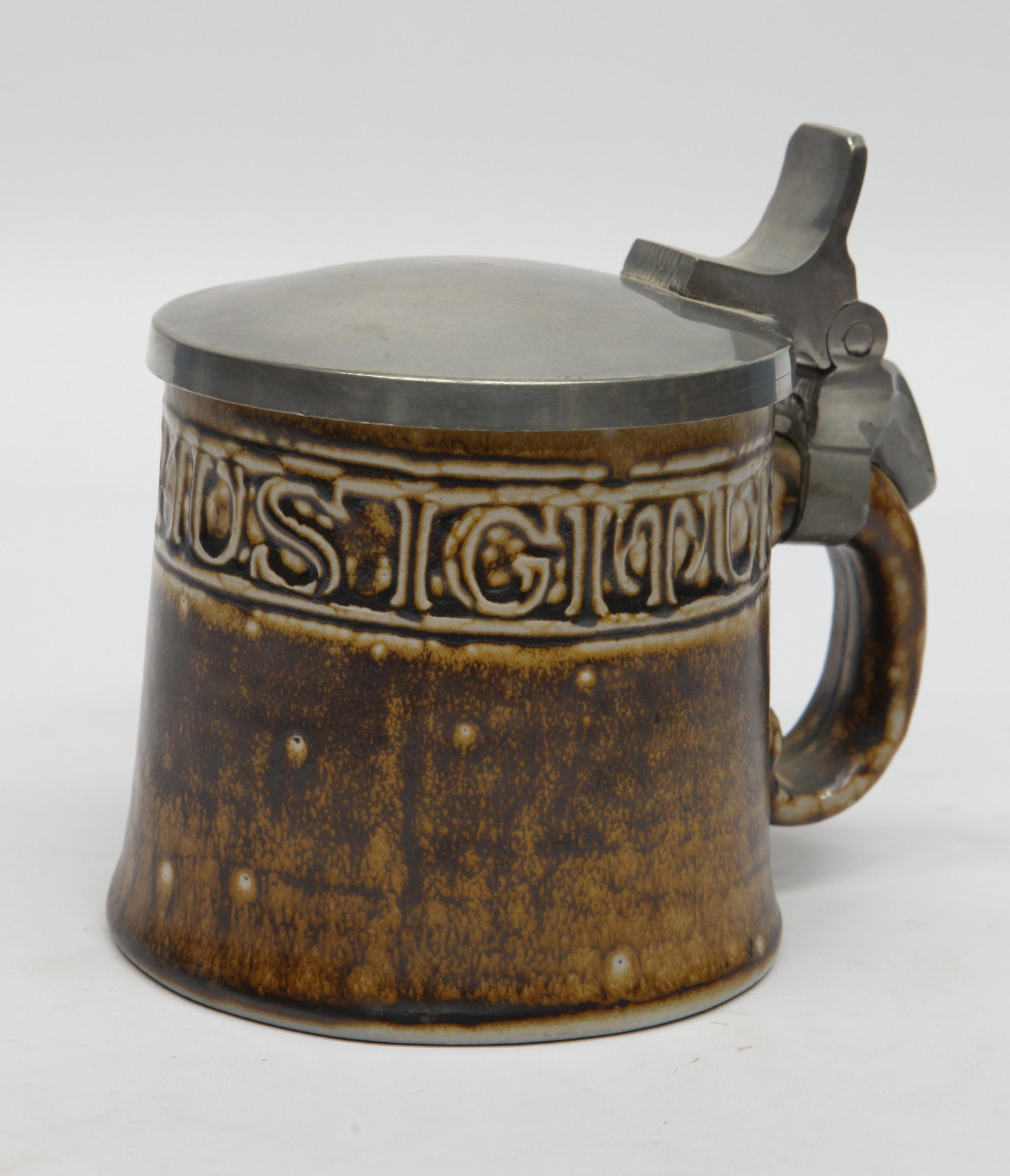GERMAN BEER STEINS (2) PIECES: Ceramic with letter band at top (?); 1/2 L; normal wear; H- 5 3/4"; G-VG