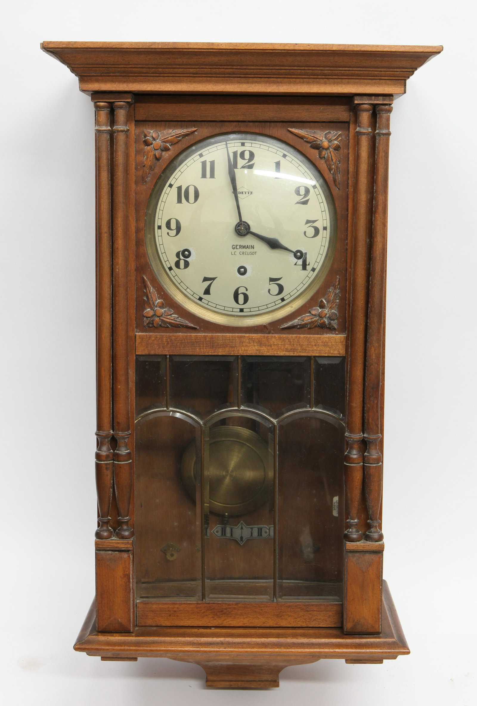 GERMAN REGULATOR CLOCK: Mixed wood; "Vedette"; "Le Crellsot"; chimes; runs; leaded beveled glass panel; missing lower finials and crest; normal wear; H- 28"; G