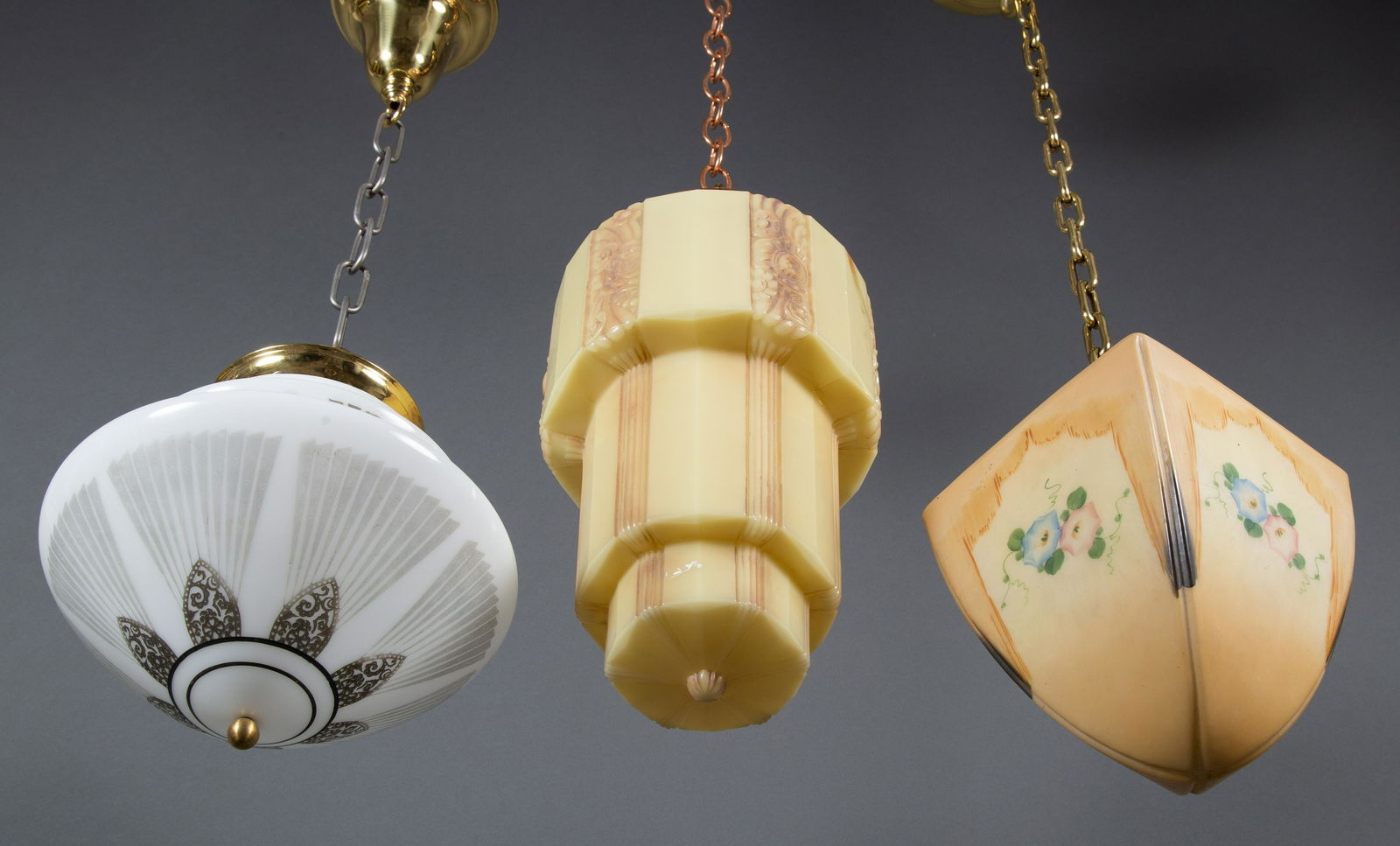 3 Art Deco Obverse Painted Glass & Brass Pendant Lights (1 of 8)