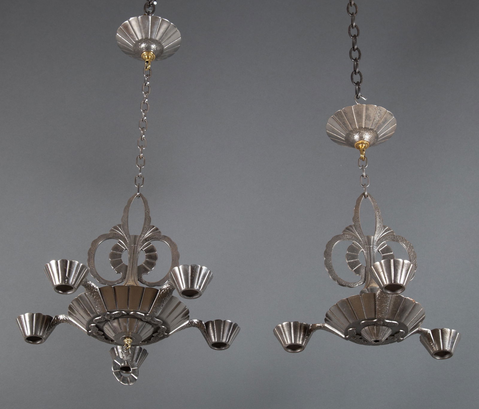 Near Pair Polished Cast Iron Art Deco Chandeliers (1 of 9)
