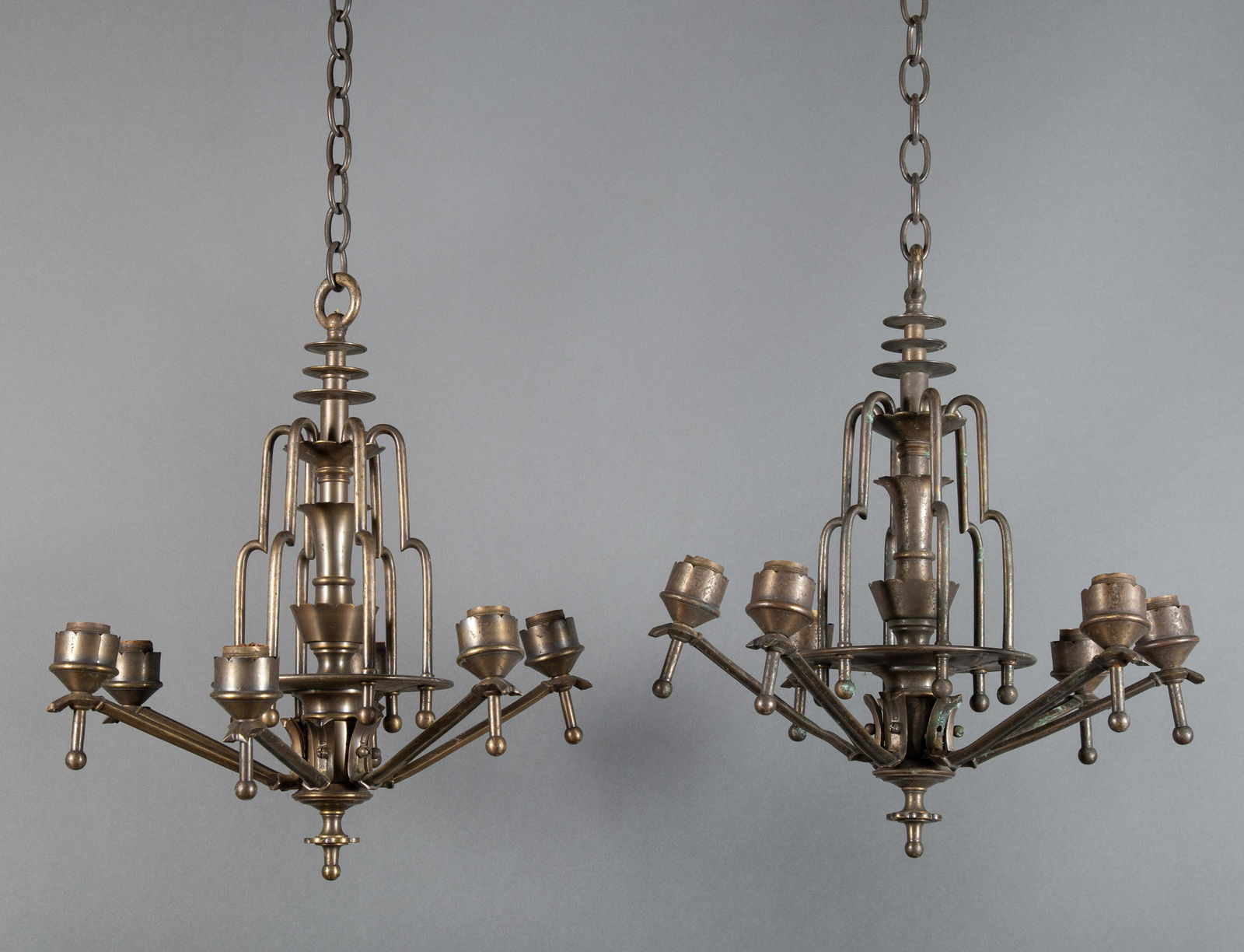 Pair Art Deco Patinated Brass & Bronze Chandeliers (1 of 10)