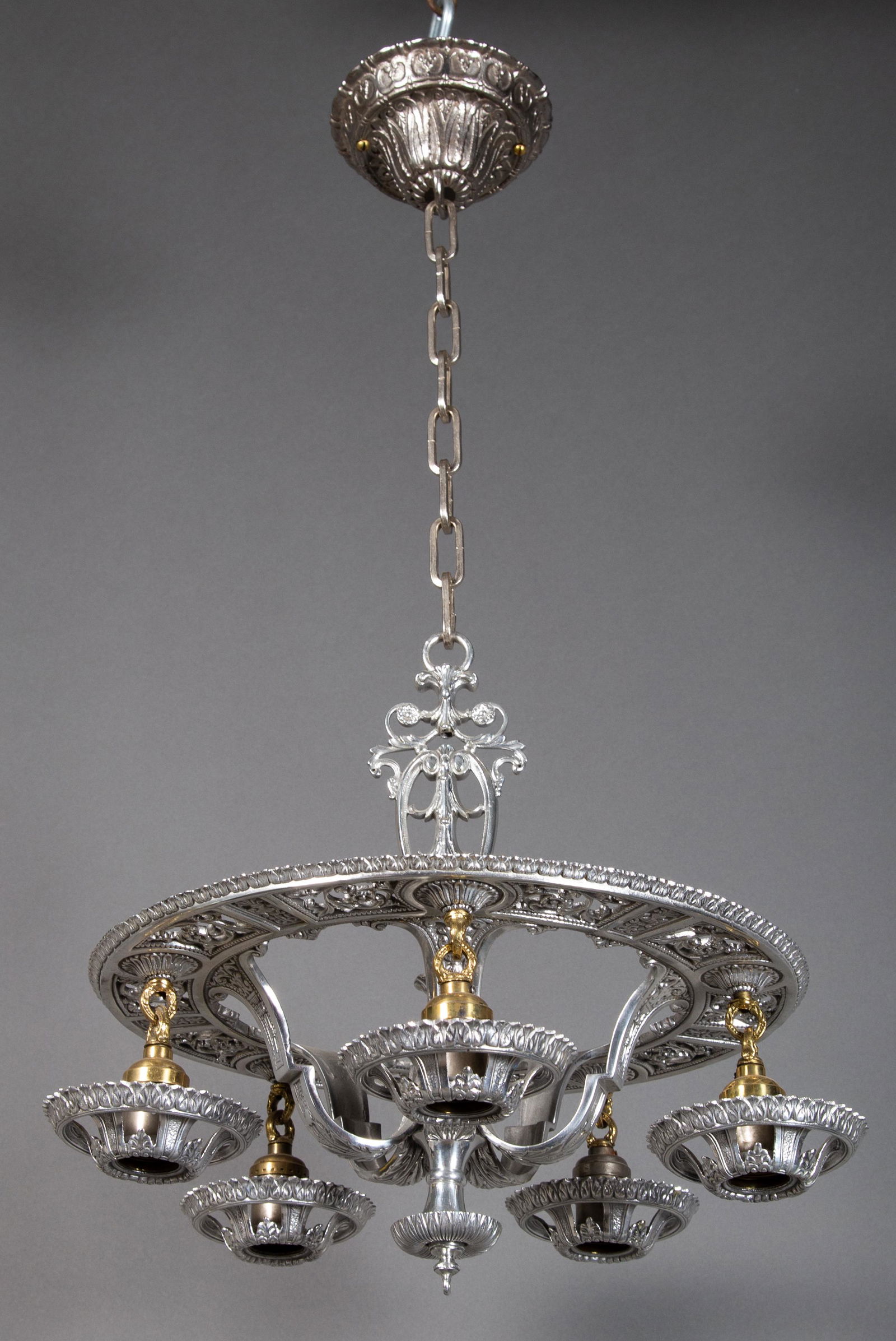 Elaborate Art Deco Polished Aluminum & Brass Chandelier (1 of 6)