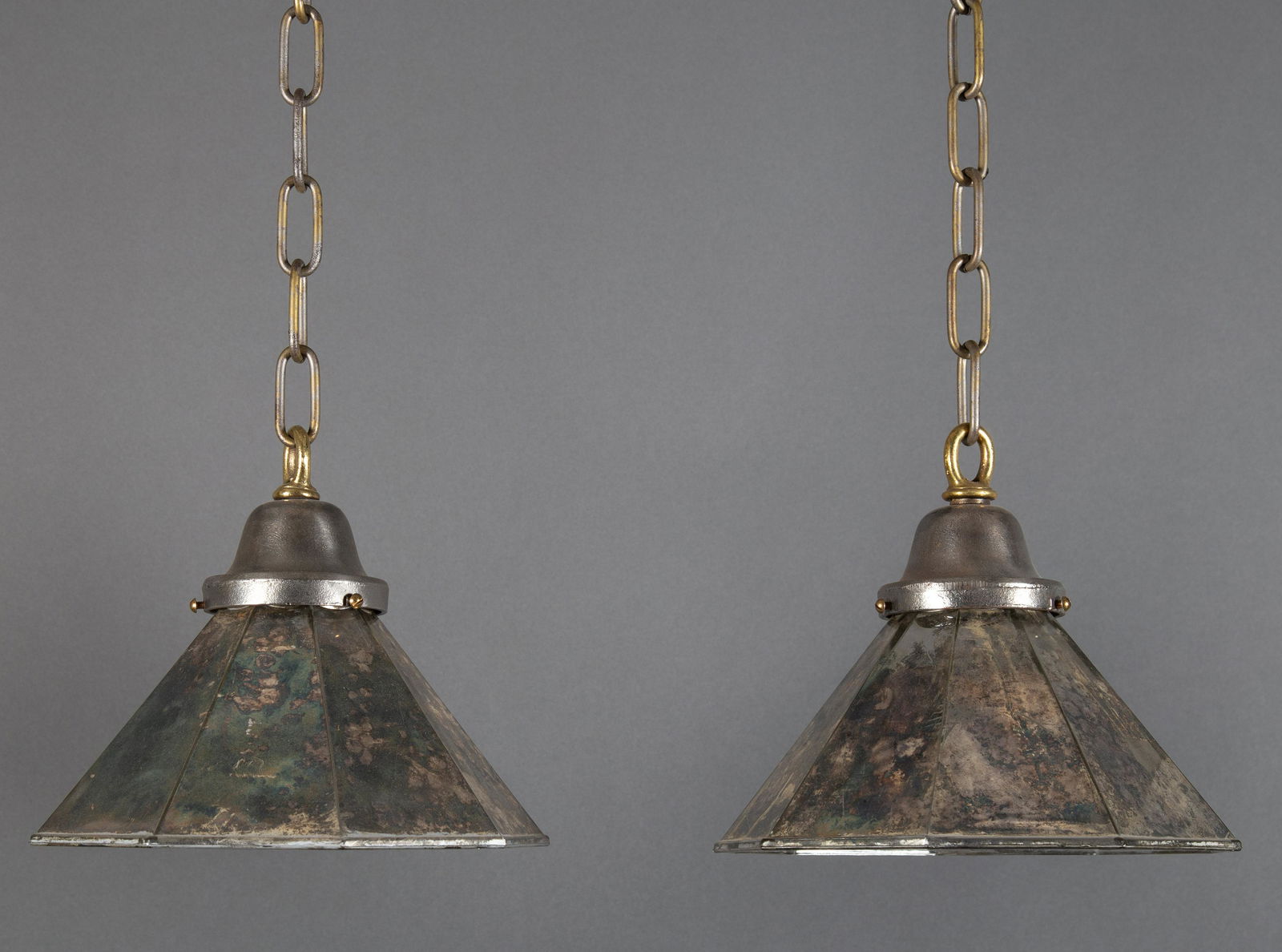 Antique Mercury Mirror Glass Nonagon Factory Pendant Shades w Fitters & Chain (1 of 8)