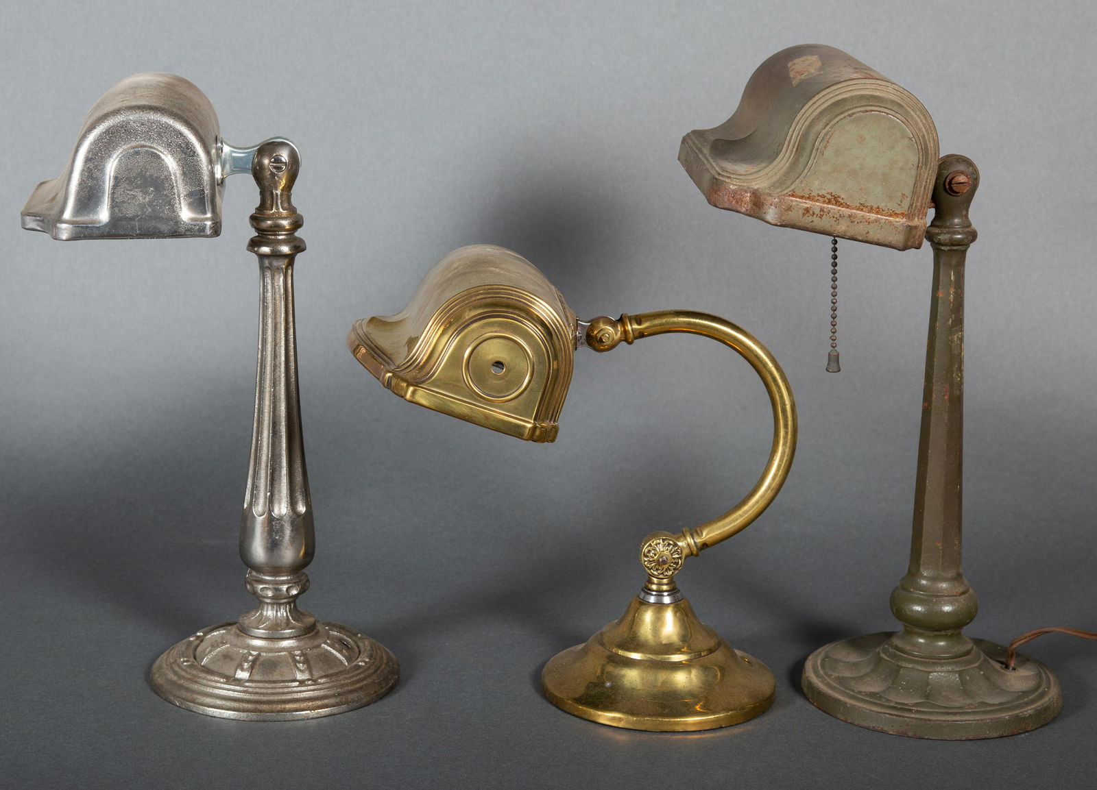 Three Vintage Cast Iron & Brass Library Desk Lamps (1 of 10)