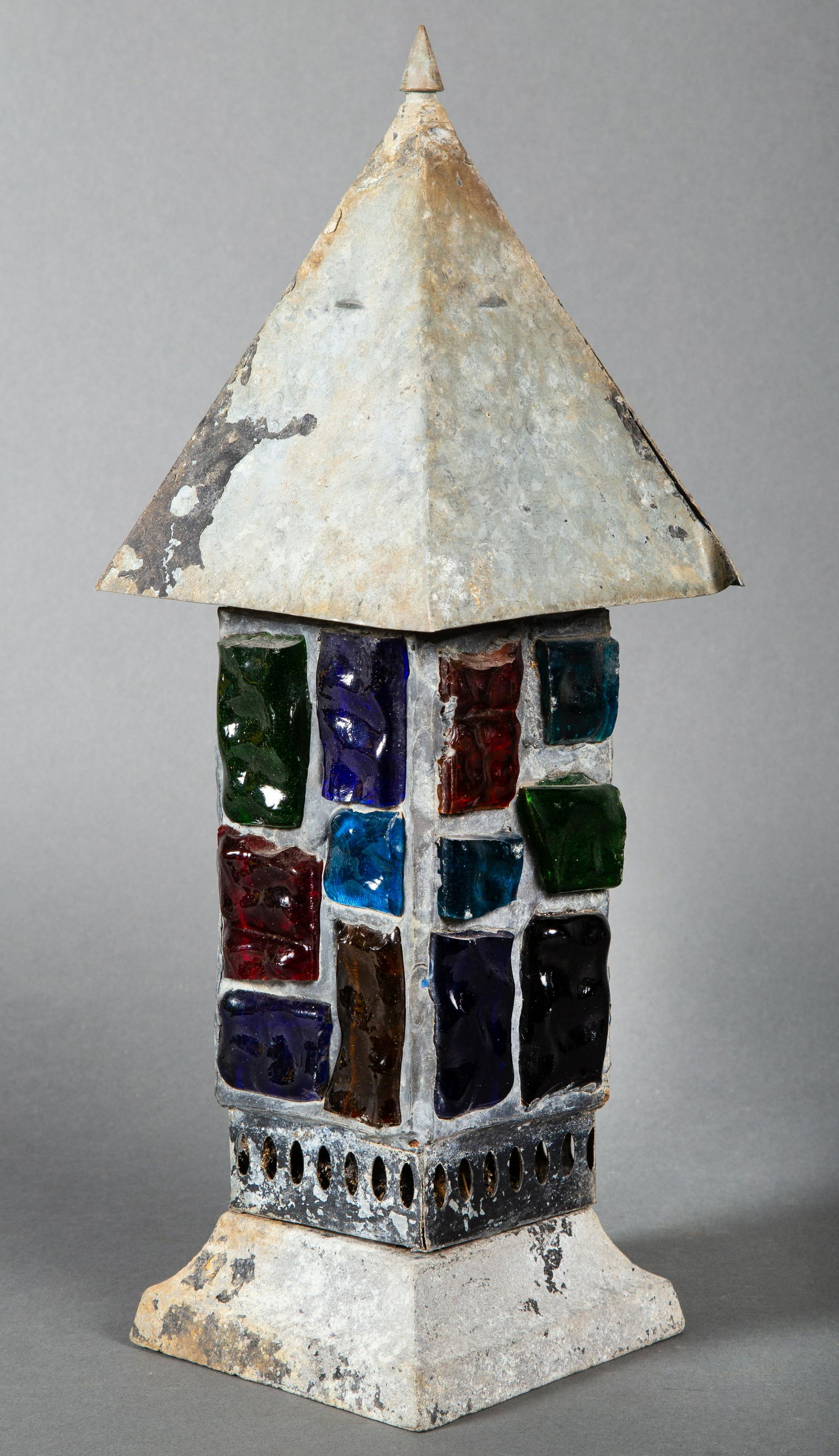 Vintage Chunk Jewel Leaded Glass Metal Lantern Light (1 of 6)