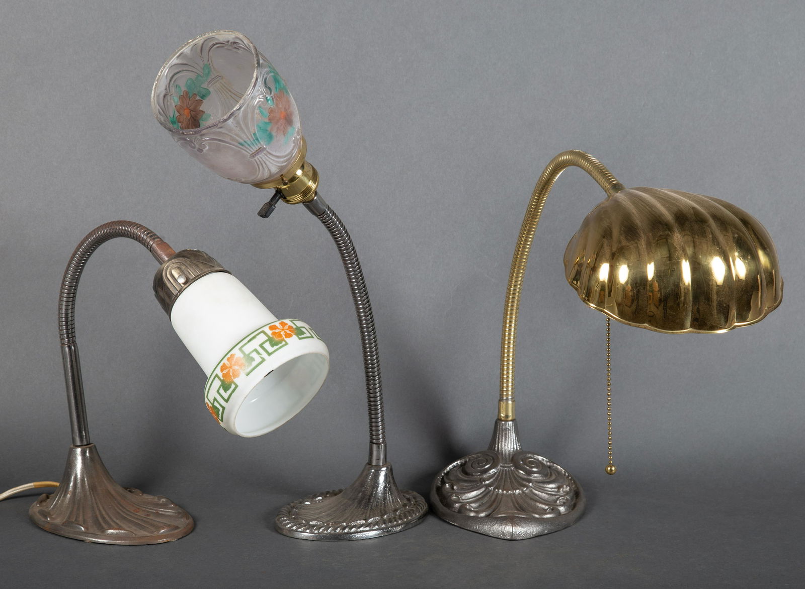 3 Circa 1920's Cast Iron Adjustable Work or Desk Lamps w Glass Shades (1 of 9)