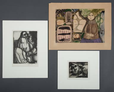 3 MCM Etchings Arnold Belkin Seymour Tubis & Leticia Tarrago': Group of three Latin American Mid Century Modern etchings. The first by Arnold Belkin (Canadian born 1930 / Died Mexico 1992), black & white, dated 1962, signed in plate and pencil signed. Excellent c