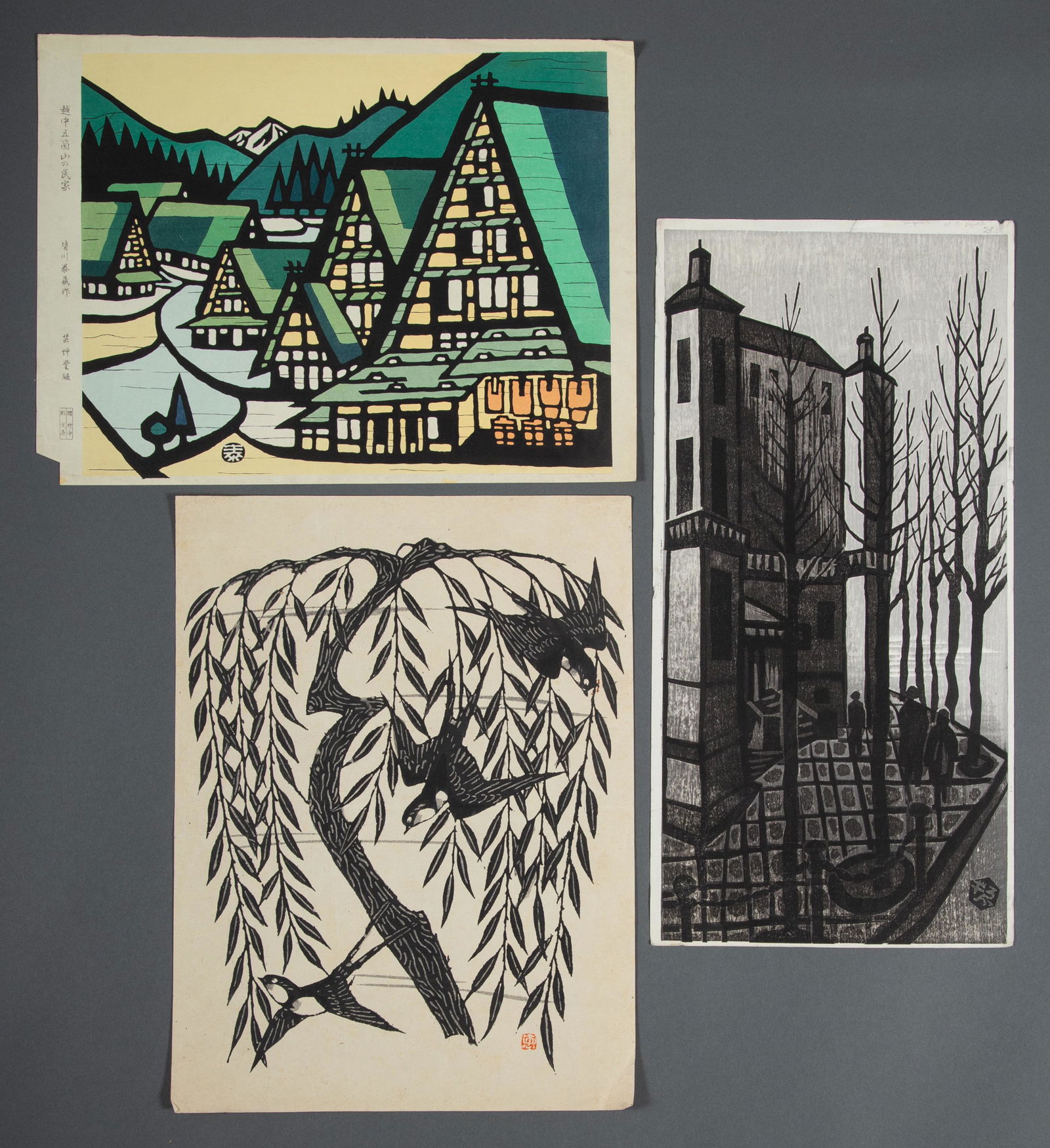 Minagawa Taizo Modernist Color Woodblock Print w two other Japanese Prints (1 of 7)