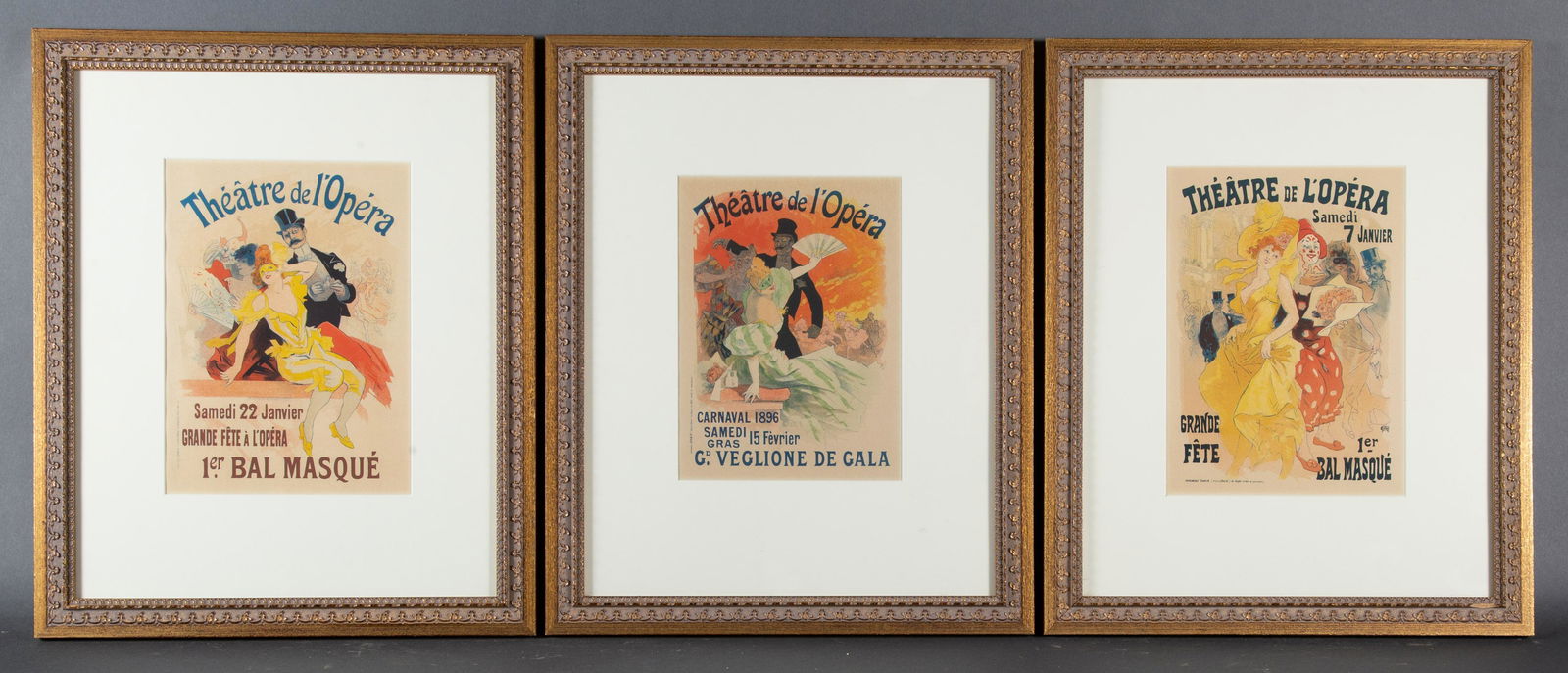 Three Jules Cheret Art Nouveau Lithographs w Gilt Frames (1 of 8)