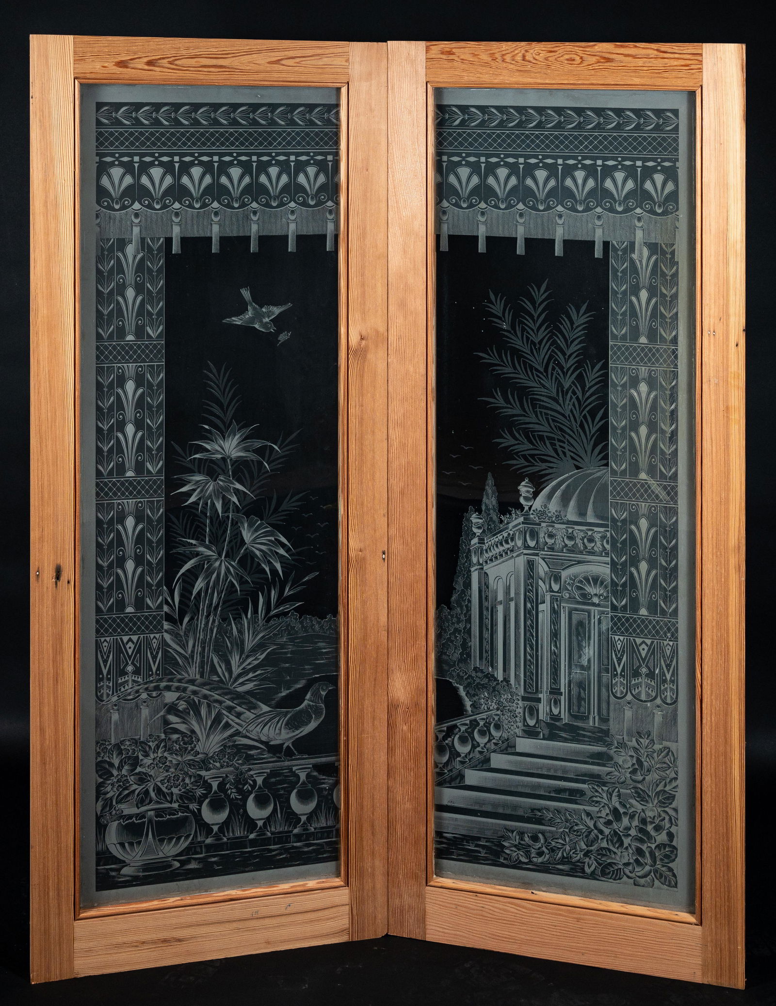 Pr. Architectural Acid Cut Back Etched Glass Window Panels Pictorial Romanesque Scene (1 of 11)