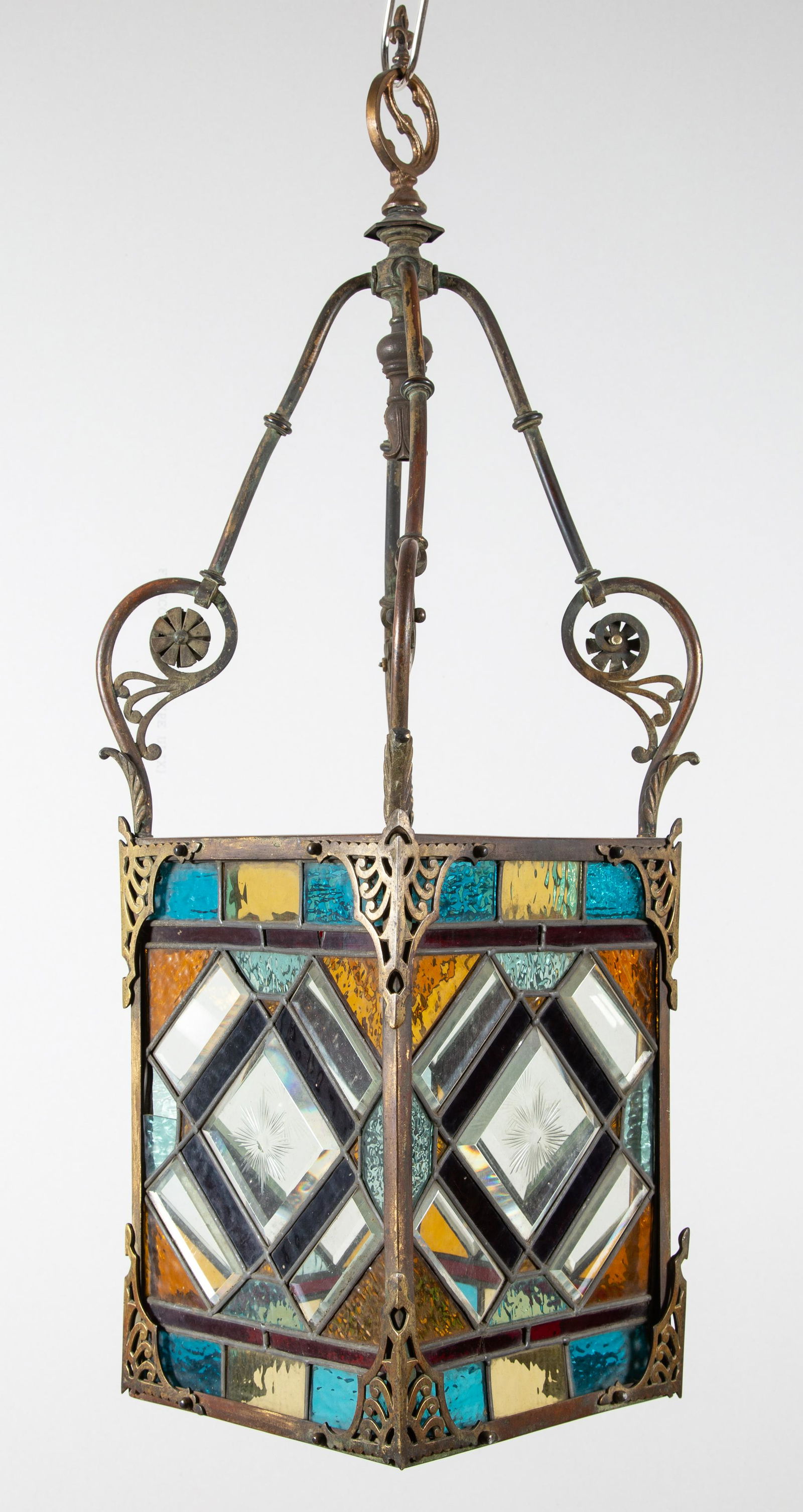 American Japonesque Chandelier w Stained Glass Panels (1 of 8)