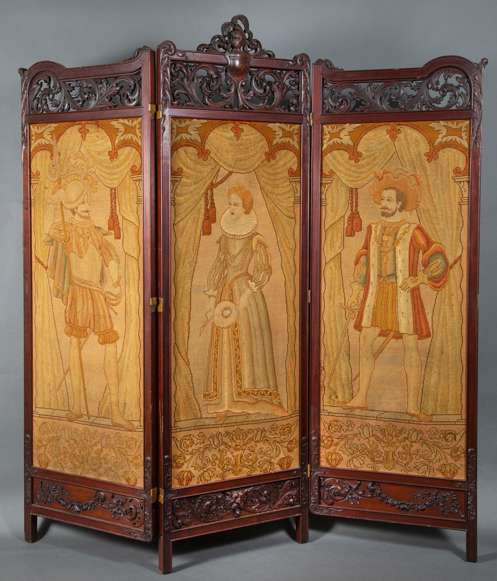 Renaissance Revival Carved Mahogany and Tapestry Tri fold Screen (1 of 16)