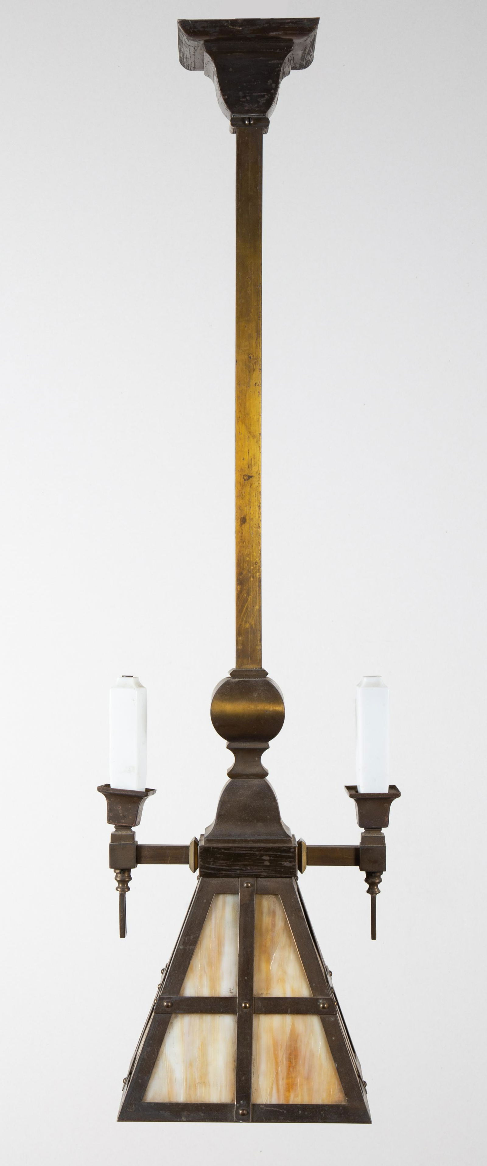 1890's Gas & Electric Mission Style Brass & Slag Glass Chandelier (1 of 6)