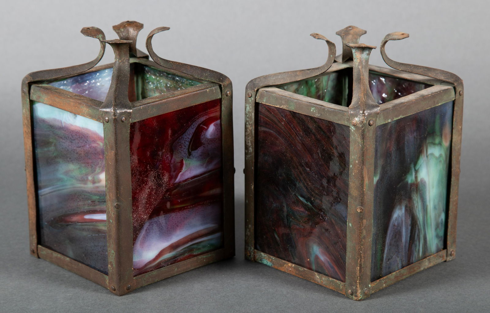 Pr. Patinated Copper Mission Slag Glass Pendant Light or Floor Lamp Shades (1 of 10)