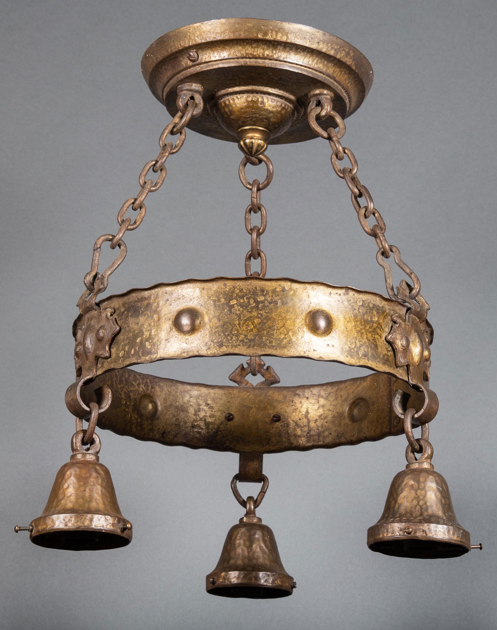 Circa 1910 Arts & Crafts 3 Light Wrought Iron Copper Patinated Chandelier (1 of 4)