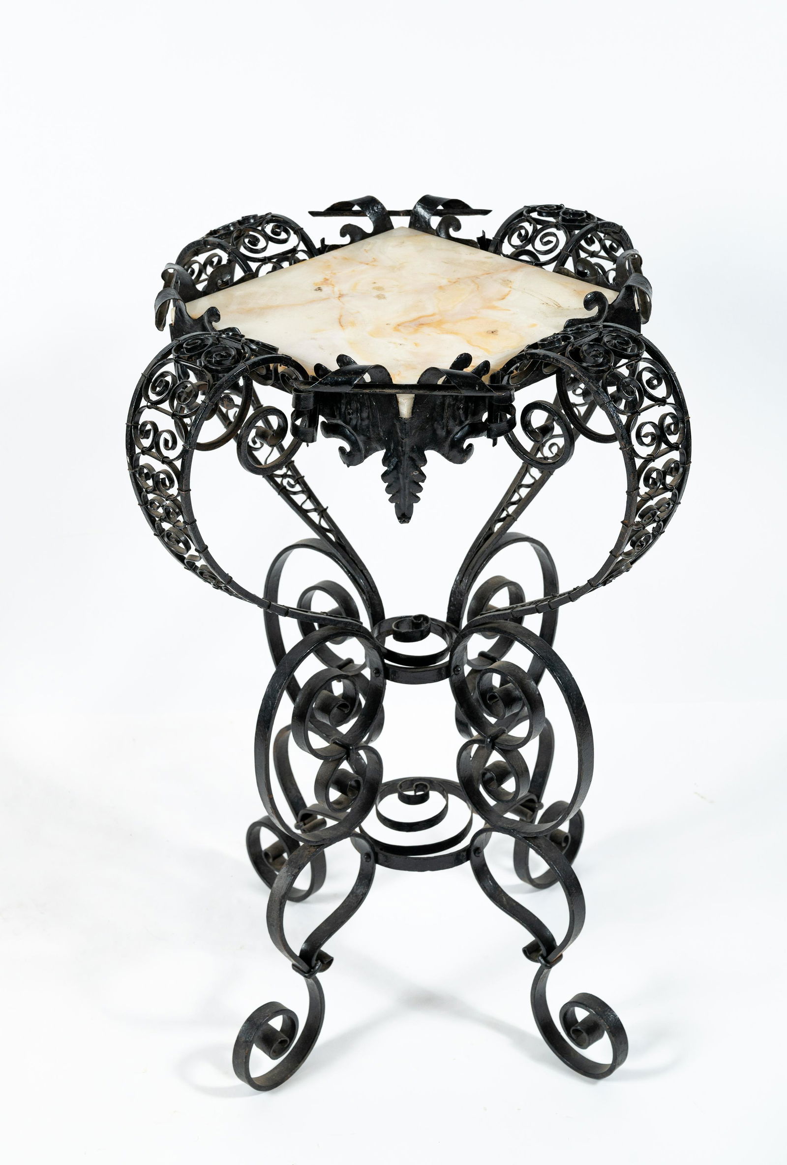 Elaborate Wrought Iron Onyx Top Pedestal Table or Plant Stand (1 of 9)