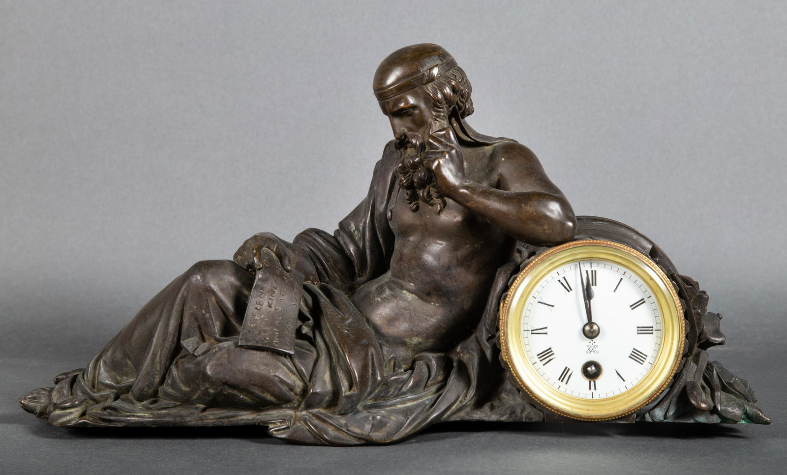 19th Century Figural Bronze Clock of Classical Reclining Man w Scroll (1 of 10)
