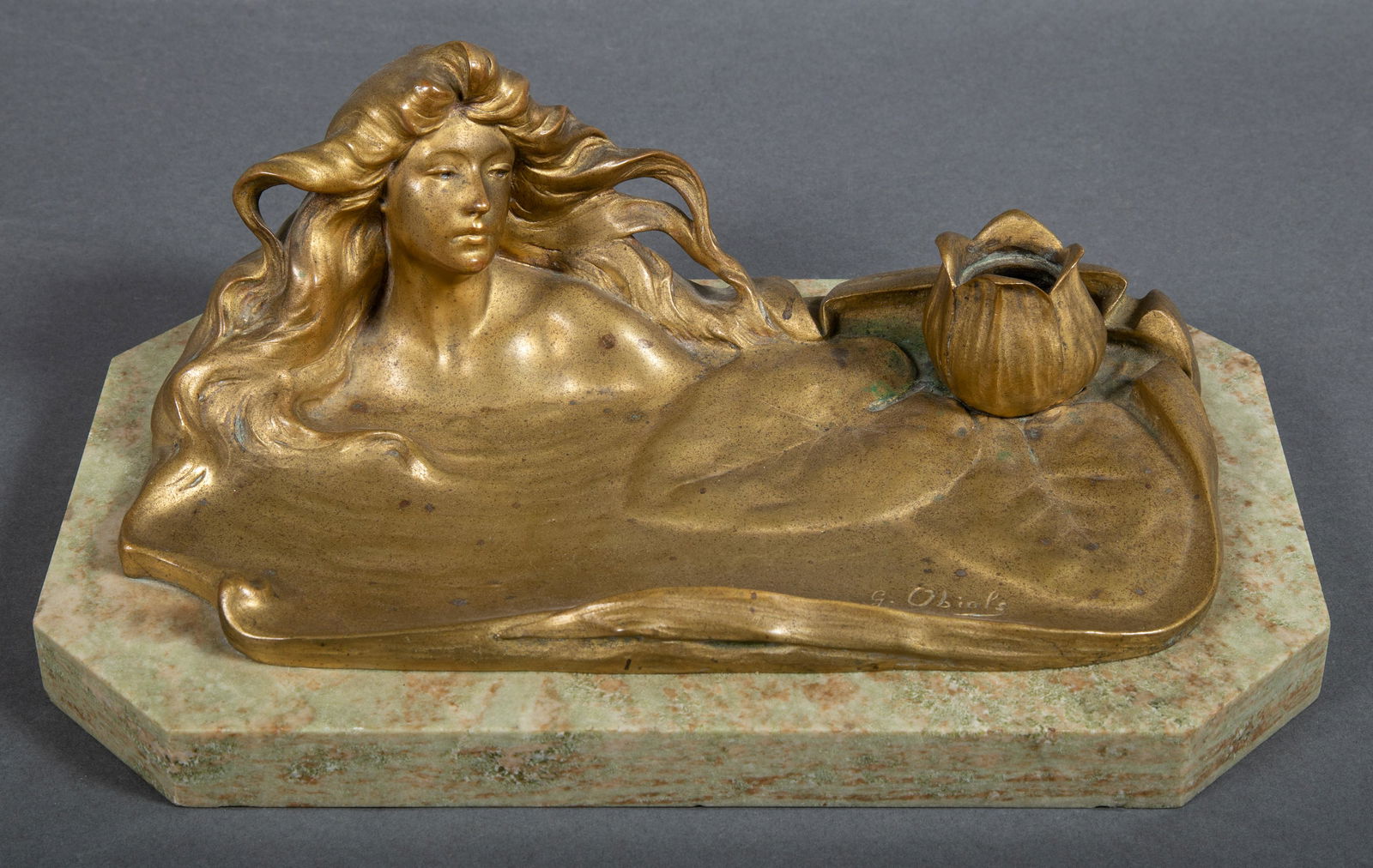 Art Nouveau Bronze & Marble Figural Ink Stand w Nouveau Lady (1 of 7)