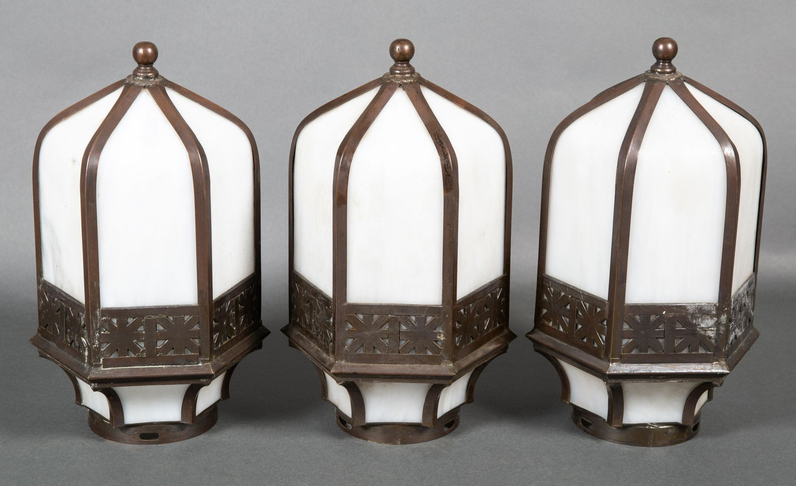 3 Edwardian Mission Hexagonal Bowed Stained Glass Pendant Shades (1 of 4)