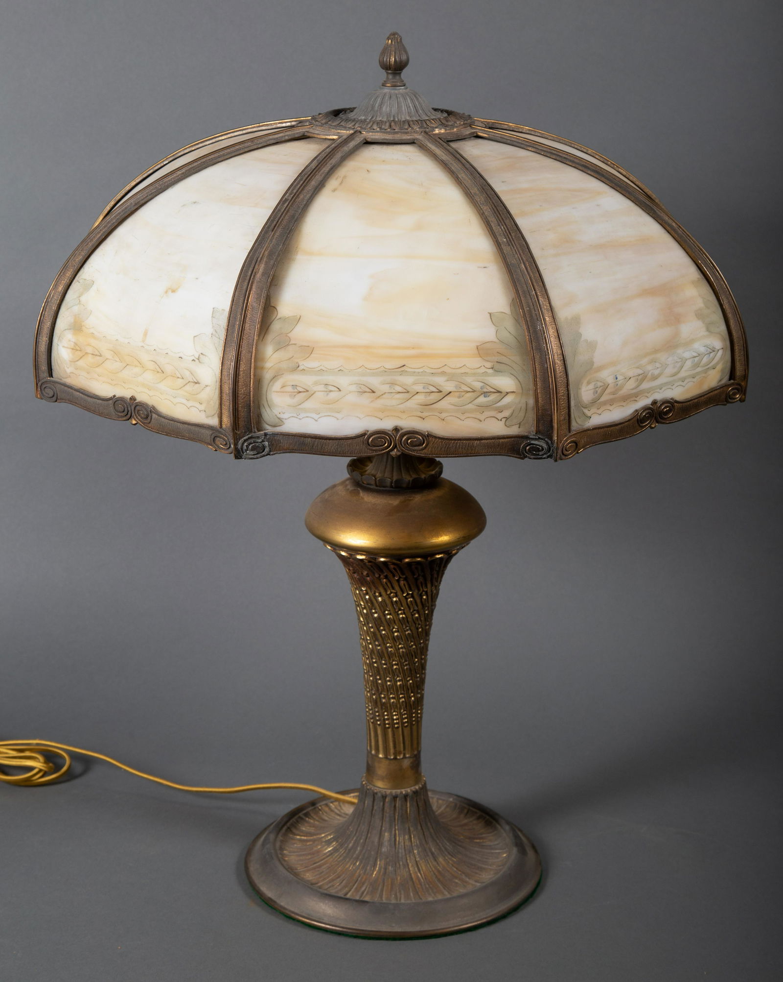 Large Miller Table Lamp w Obverse Painted & Bowed Slag Glass Panels (1 of 10)