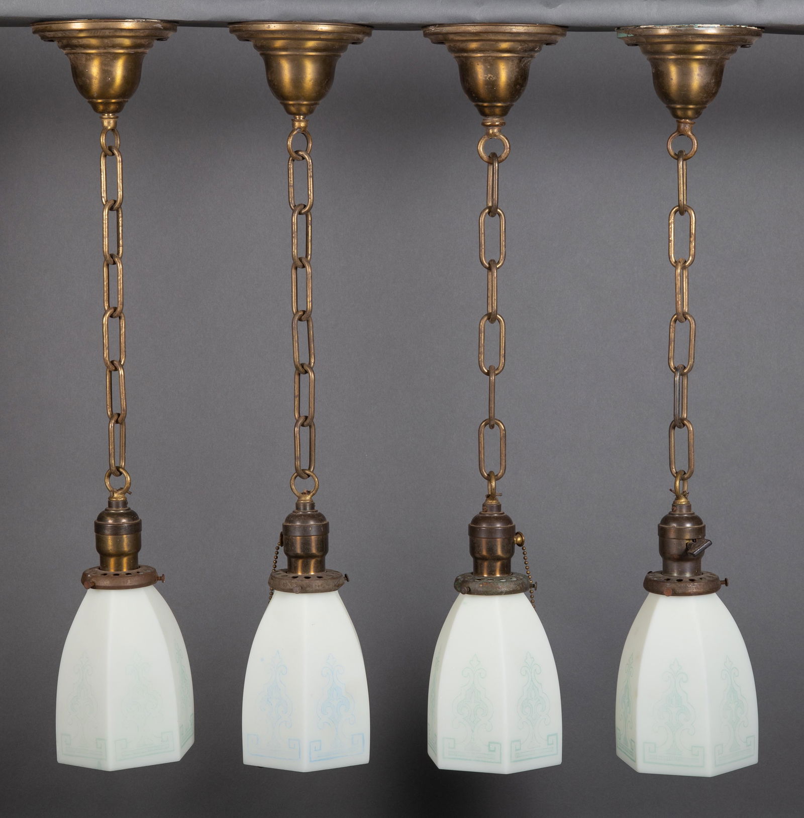 Four Edwardian Hanging Pendant Lights with Obverse Painted Shades (1 of 5)