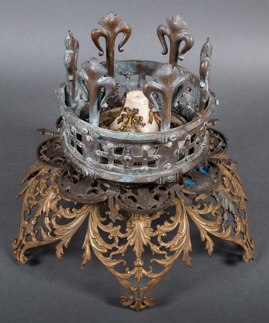 4 19th Century Bronze & Marble Filigree Lighting Elements: Group of four late 19th Century and Early 20th Century Bronze, Brass, and Stone presumably lighting parts though each could certainly be repurposed for a host of uses. Each are of great quality of man