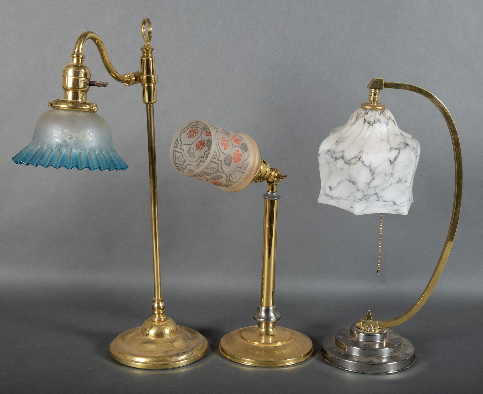Group of 3 Edwardian to Deco Brass & Chrome Boudoir Lamps w Shades (1 of 7)