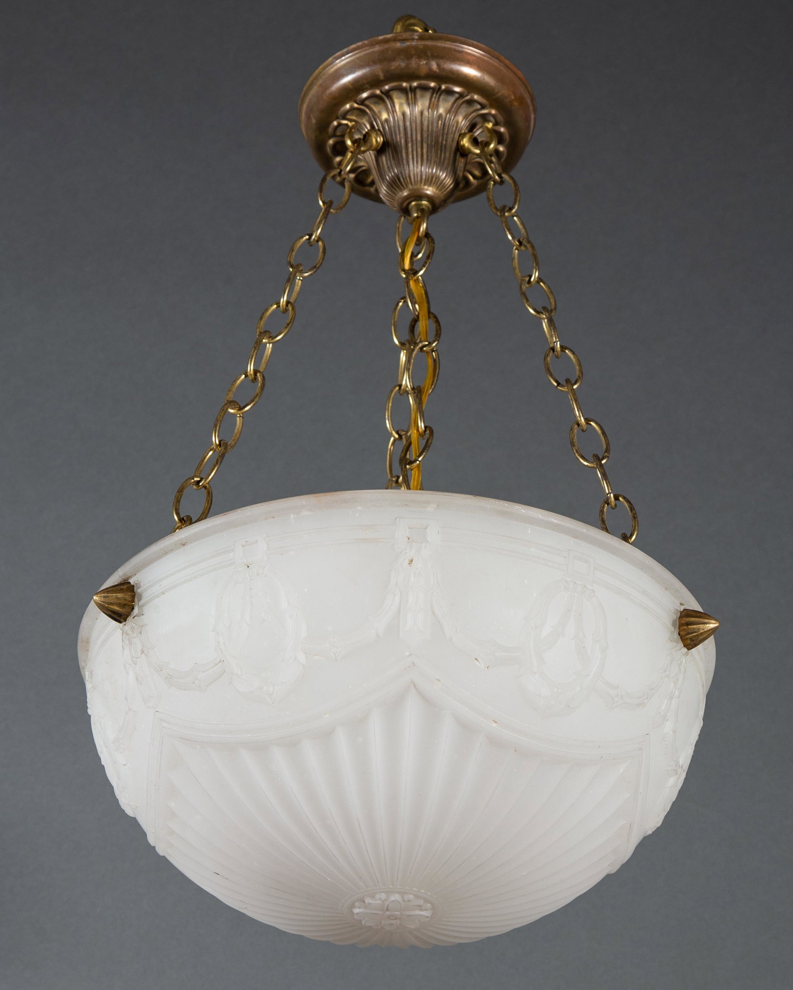 Jefferson Moonstone Dome Form Pendant Light Plafonnier Chandelier: An elaborate Jefferson Plafonnier in Opal Tone Moonstone glass decorated with swags, ribbons, fluting, and other regalia. Note the form of the brass rosettes protruding from the glass. Brass plated ch