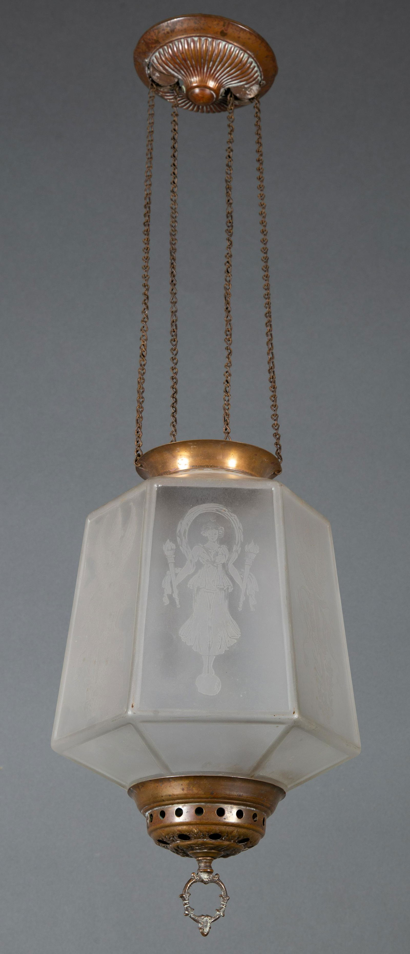 Pendant Oil Lamp Light w Hexagonal Frosted Glass Shade w Art Nouveau Lady & Torch: A hanging pendant oil lamp fixture destined to be wired for electric. The hexagonal frosted glass shade has alternating panels with a full figure Art Nouveau lady holding torches while alternate panel