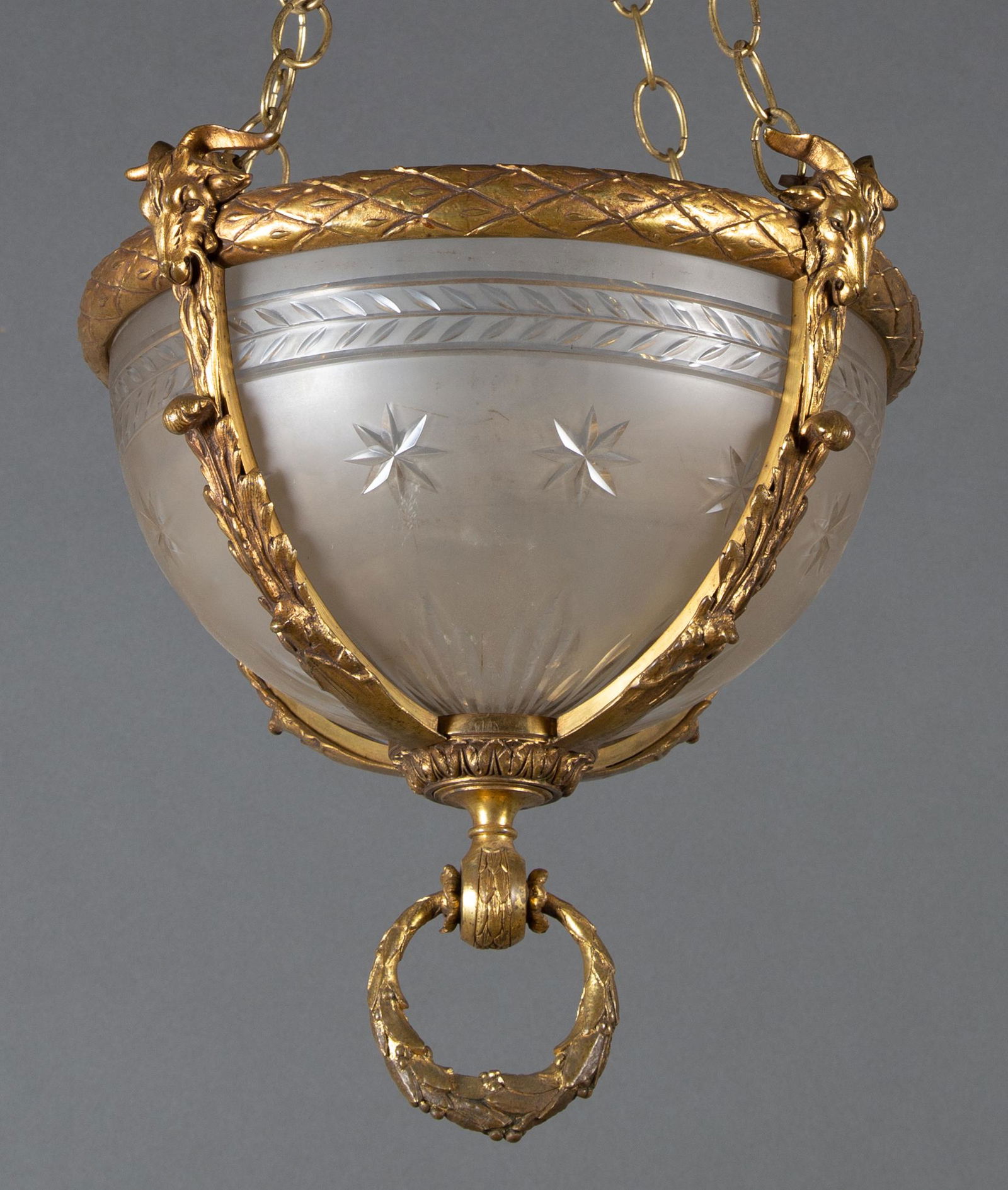 19th Century Figural Gilt Bronze & Cut Glass Rams Head Pendant Light (1 of 7)