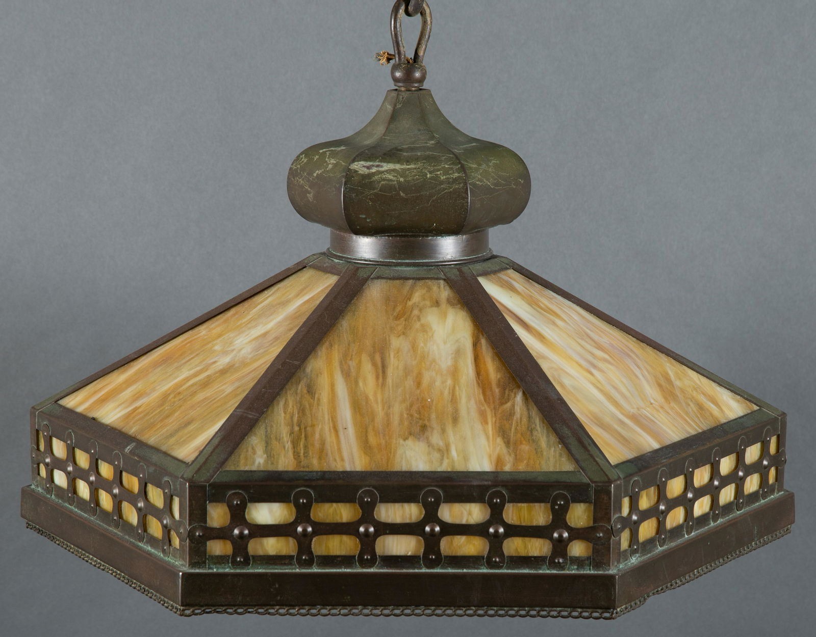 Arts & Crafts Slag Glass Six Panel Hanging Light Fixture (1 of 6)