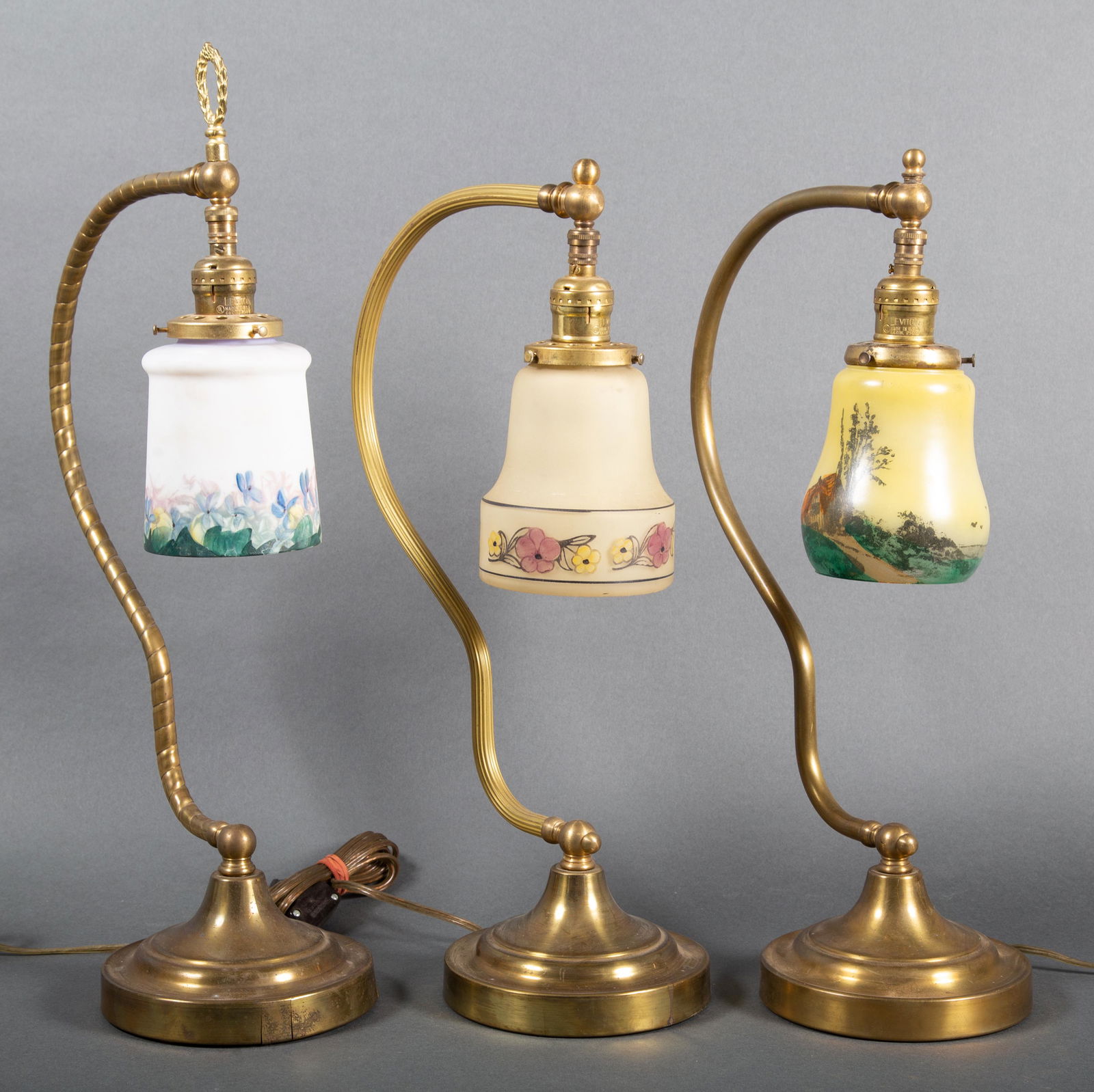 Three 1920's Brass Desk Lamps w Obverse Painted Shades (1 of 5)