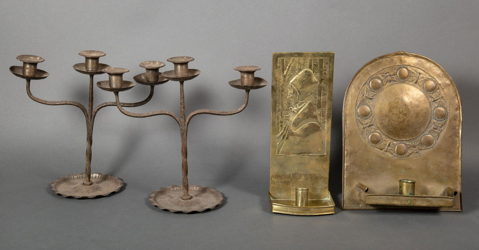 Hammered Brass Arts & Crafts Scottish Sconces & Goberg German Candlesticks (1 of 10)