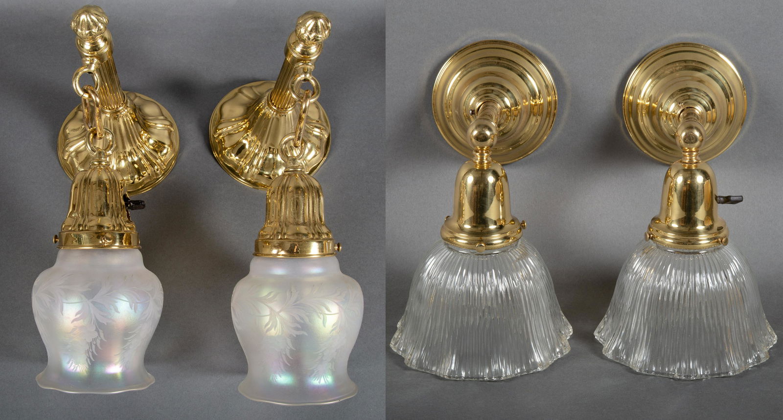 Two Pairs Polished Brass Sconces with Engraved Verre de Soie & Halophane Shades (1 of 8)