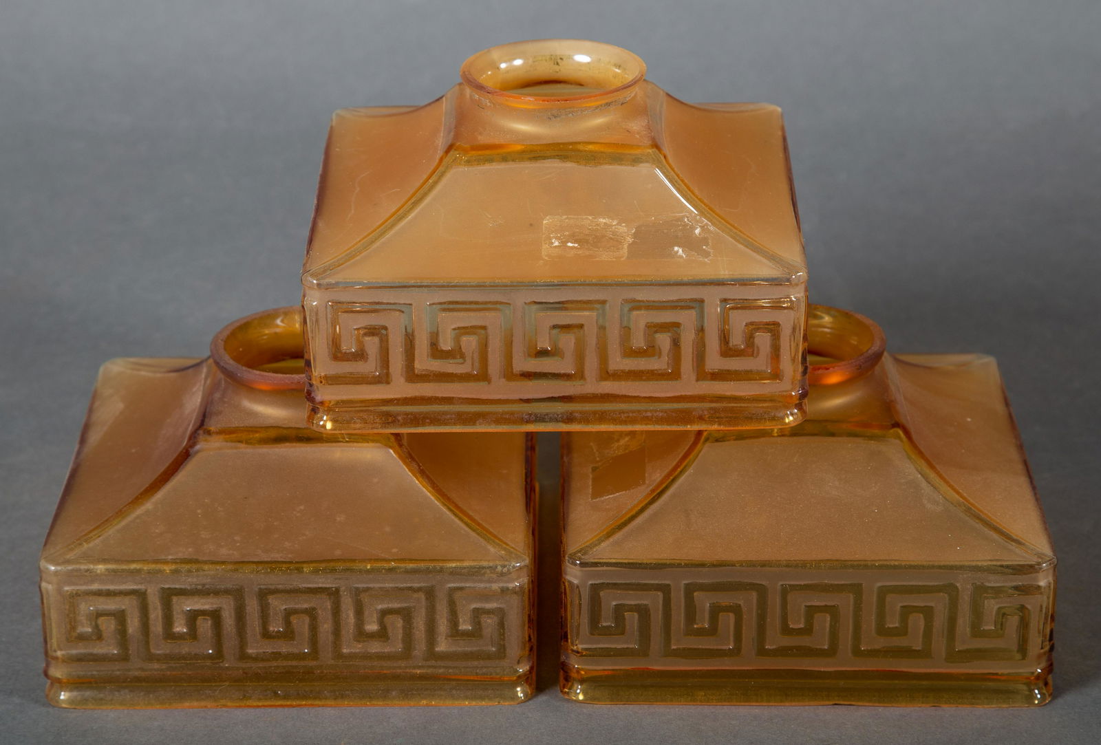 Three Amber Glass Square Greek Key Pattern Lamp Shades (1 of 6)