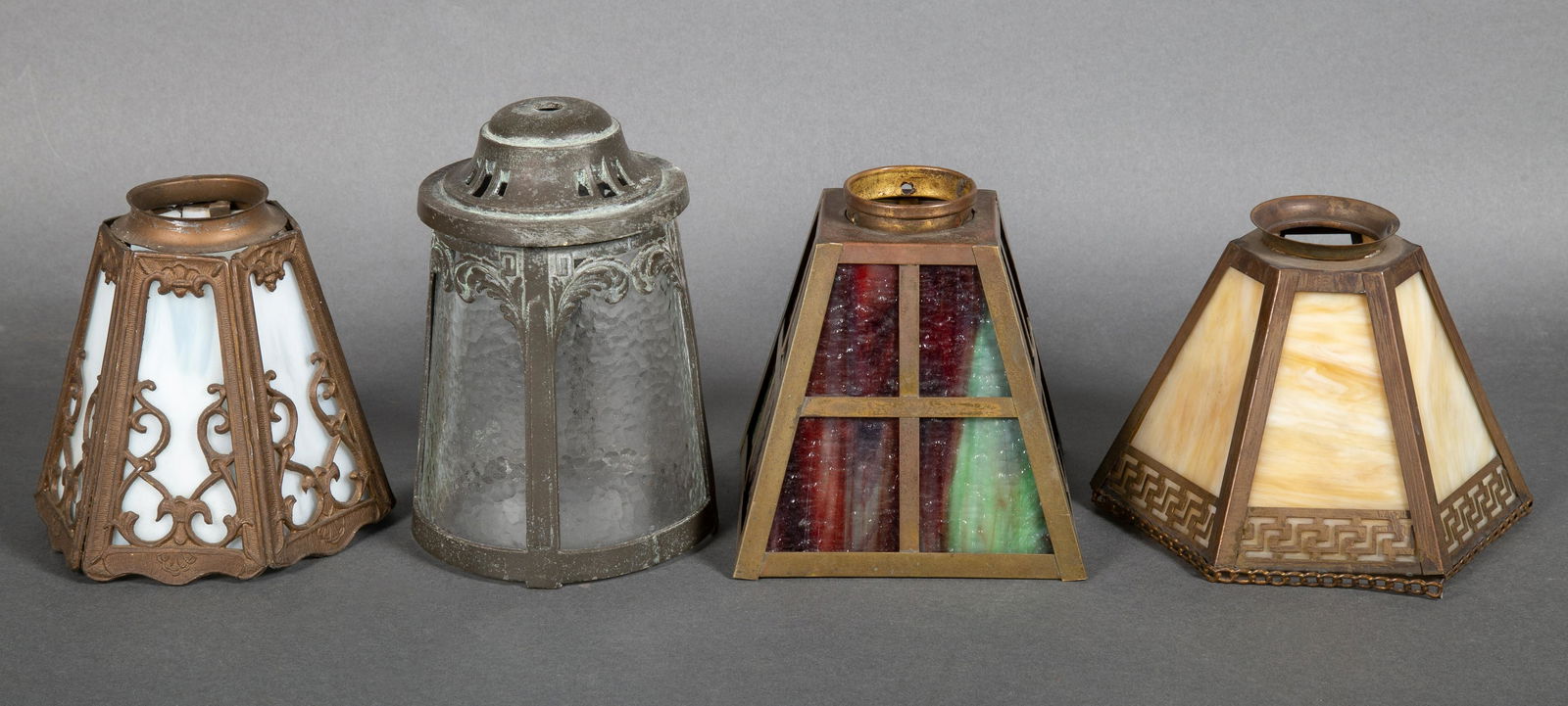 Four Various Arts & Crafts Metal & Slag Glass Shades (1 of 4)
