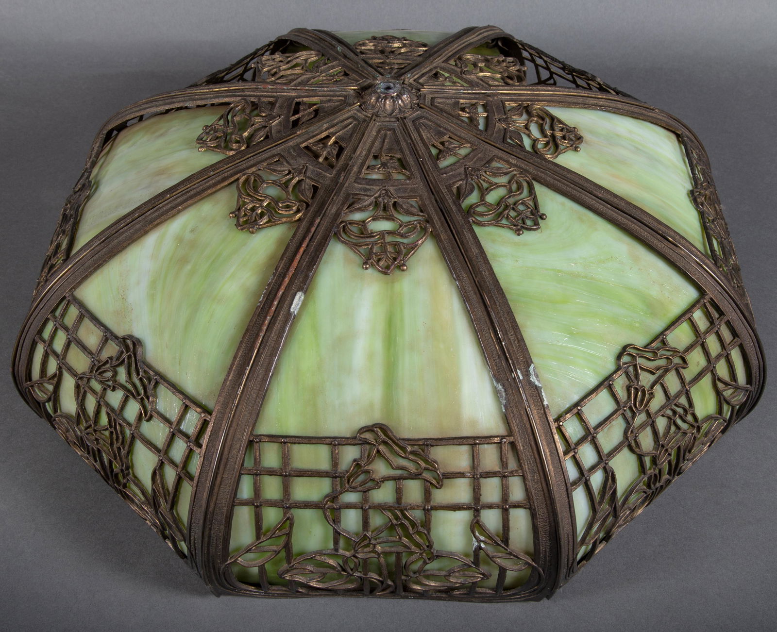 Pot Metal Overlay Lamp Shade w Green Bowed Slag Glass Panels As Is (1 of 6)