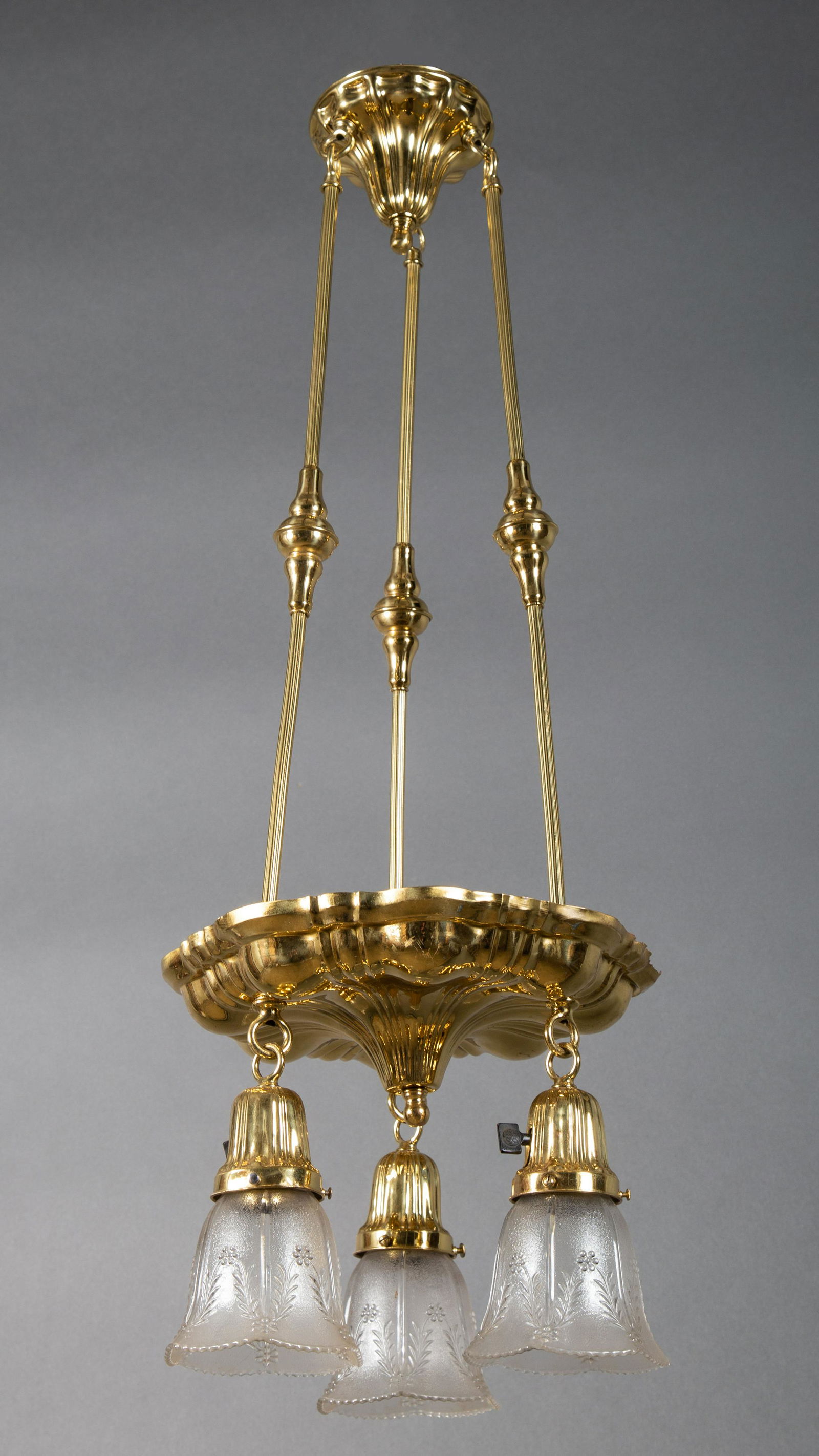 Circa 1915 Polished Brass Three Globe Pendant Light (1 of 5)
