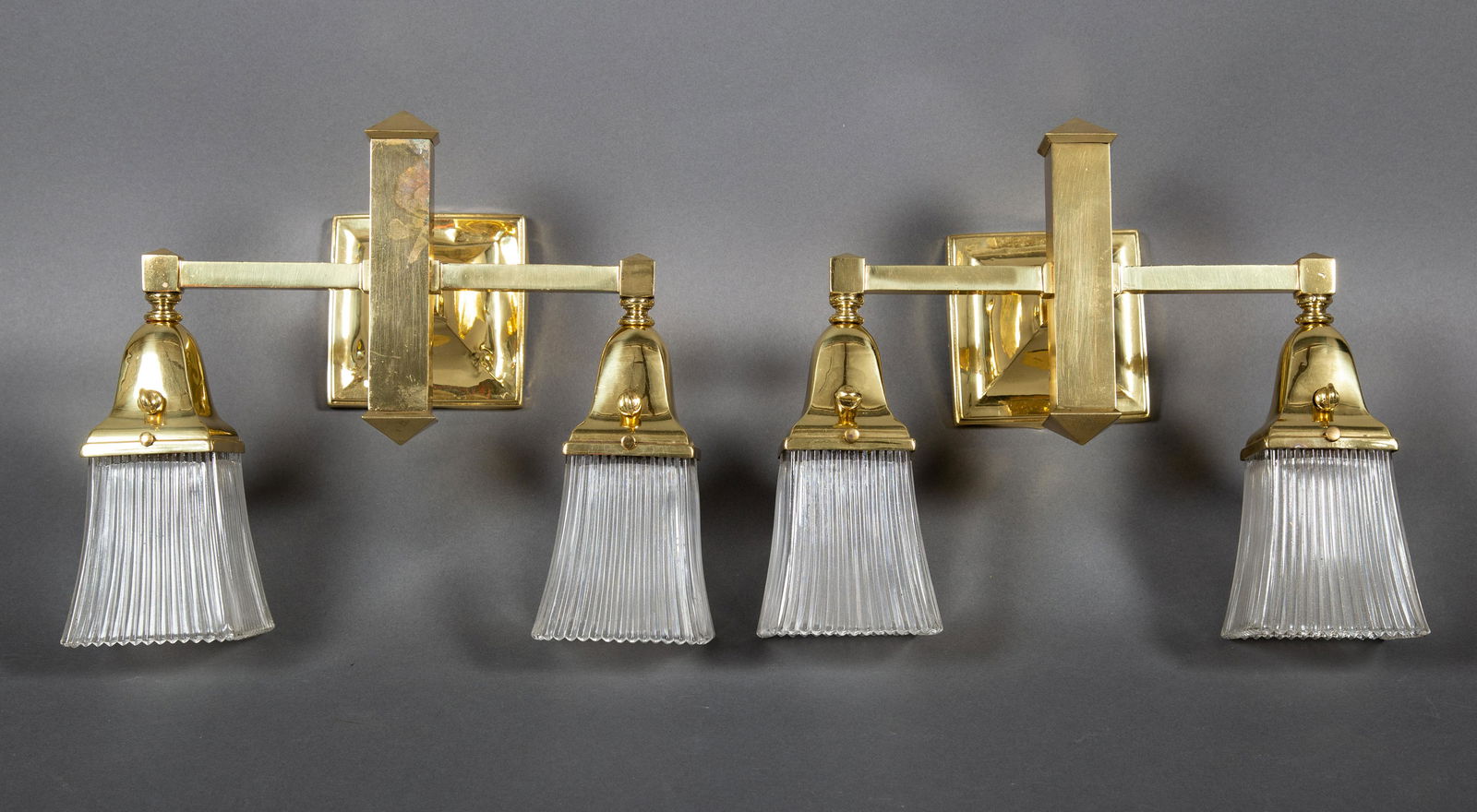 Pair Two Arm Arts & Crafts Mission Style Polished Brass Sconces (1 of 9)