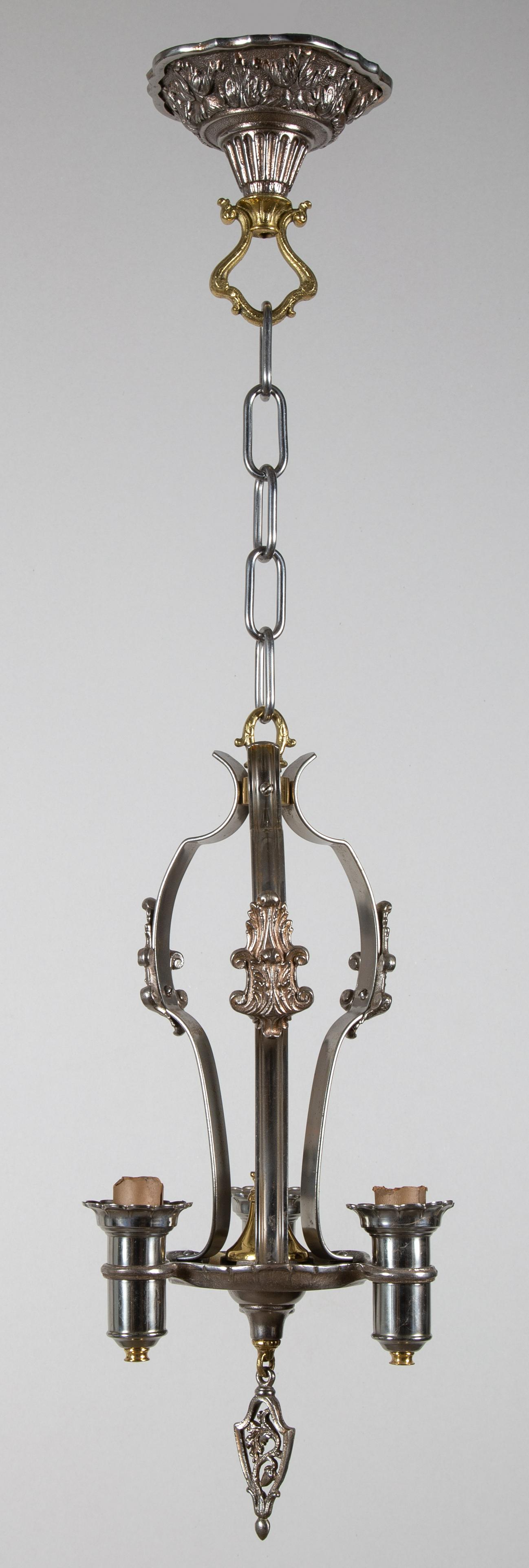 1930's Polished Steel and Brass Three Light Pendant Fixture (1 of 6)
