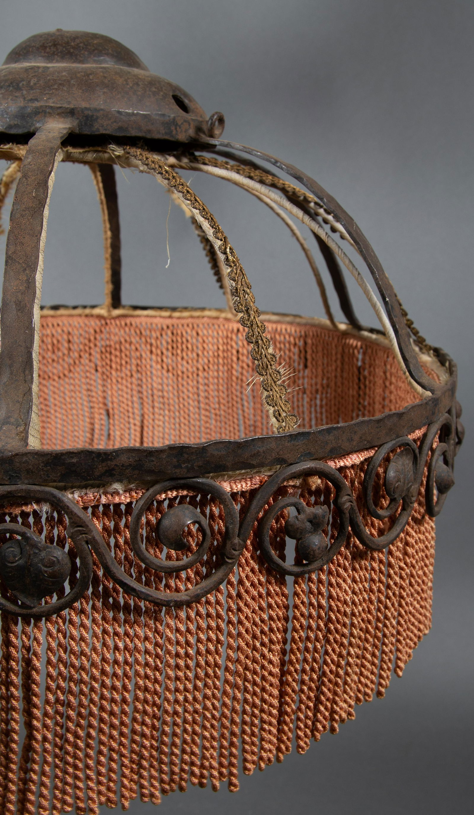 French Arts & Crafts Wrought Iron Table Lamp / Floor Lamp Shade w Tassels (1 of 6)