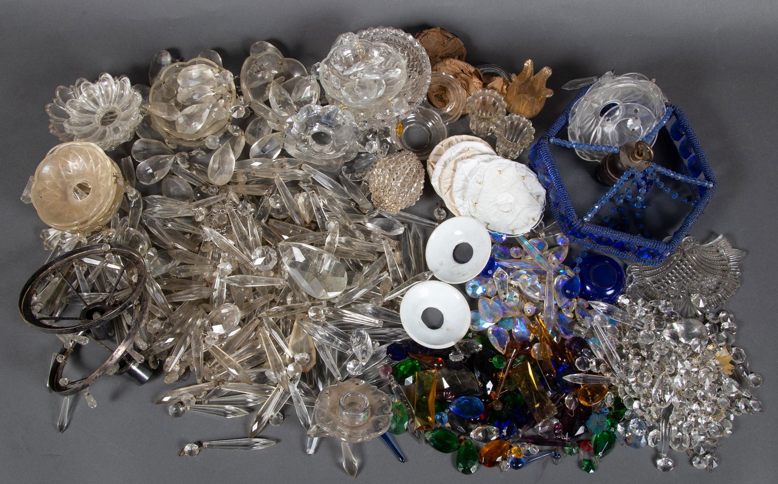 Lot of Cut Glass Crystal Prisms & Glass Bobeches w Colored Glass Prisms (1 of 12)